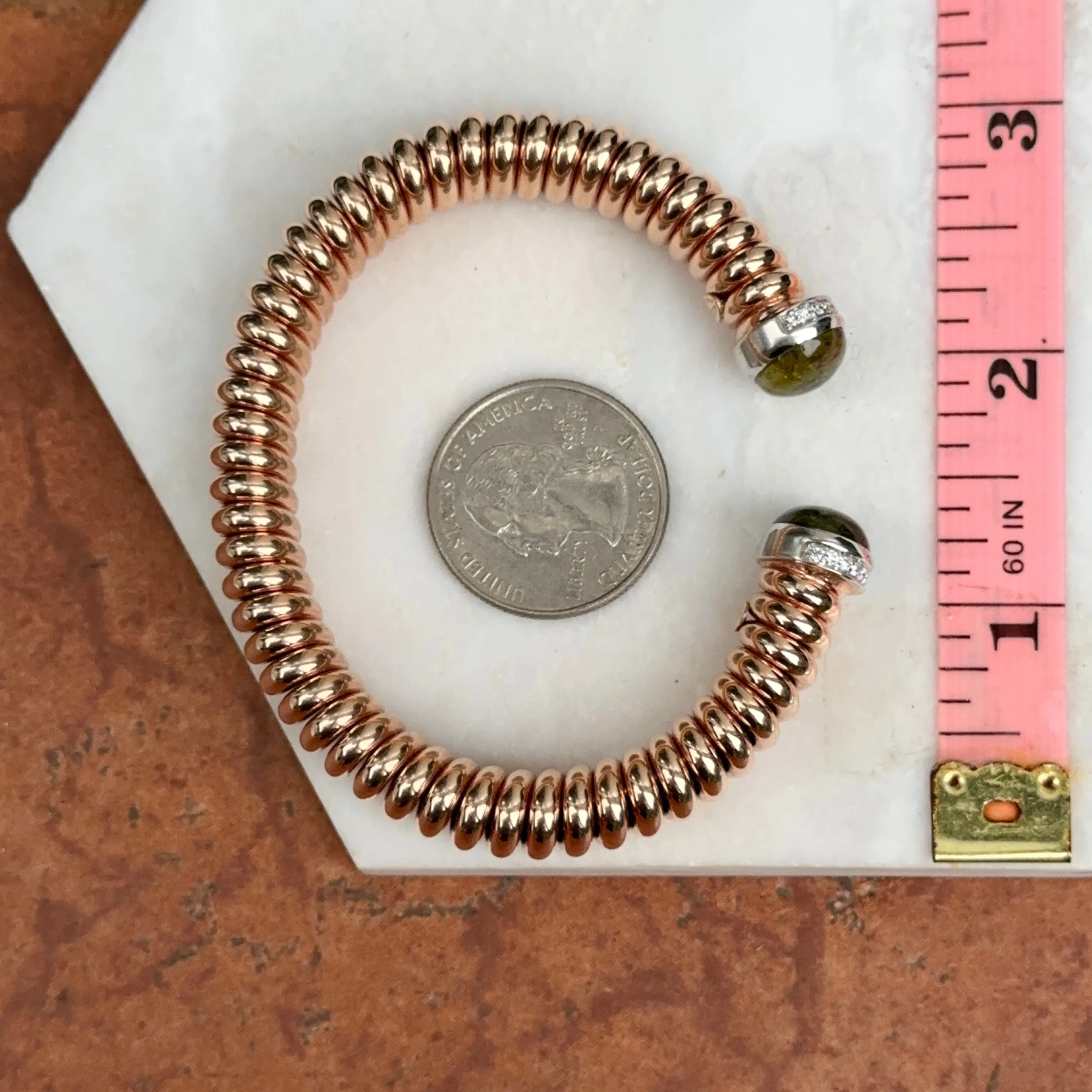 18KT Rose Gold Green Tourmaline   Pave Diamond Corrugated Bangle Cuff Bracelet