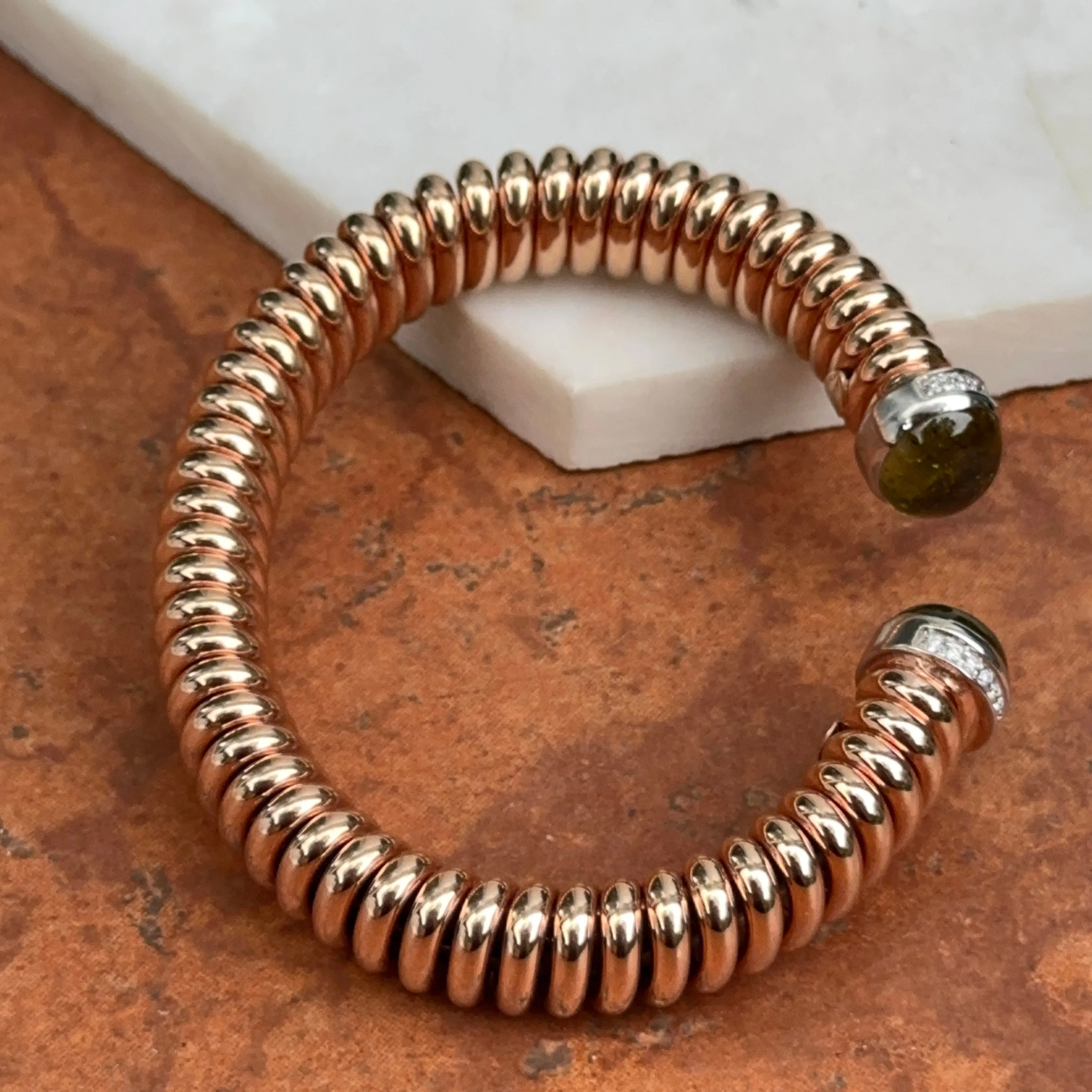 18KT Rose Gold Green Tourmaline   Pave Diamond Corrugated Bangle Cuff Bracelet