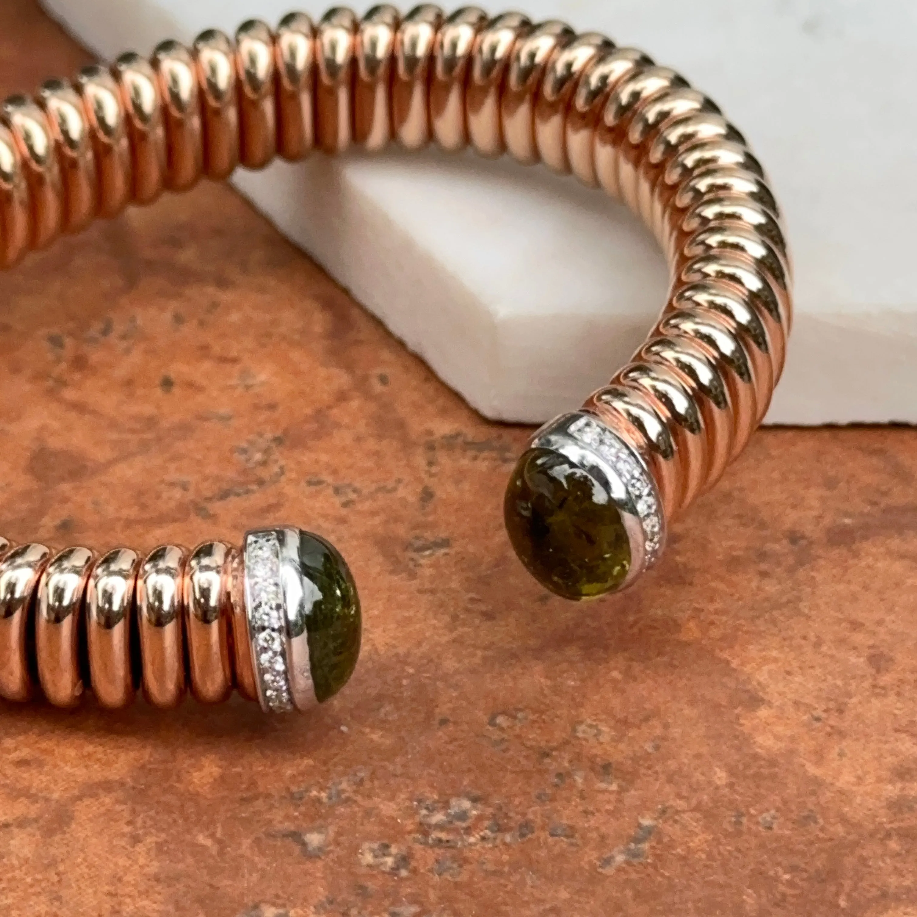 18KT Rose Gold Green Tourmaline   Pave Diamond Corrugated Bangle Cuff Bracelet