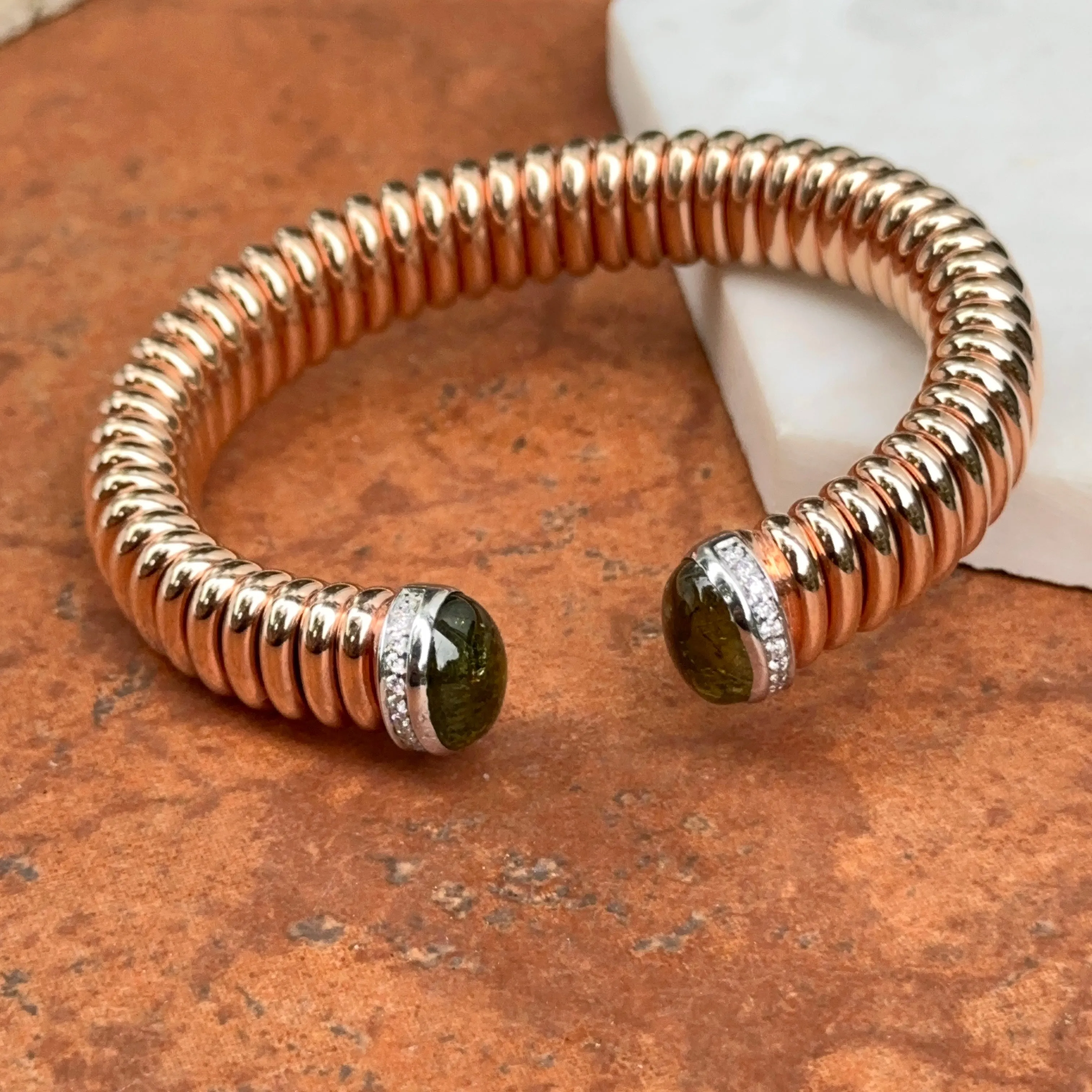 18KT Rose Gold Green Tourmaline   Pave Diamond Corrugated Bangle Cuff Bracelet
