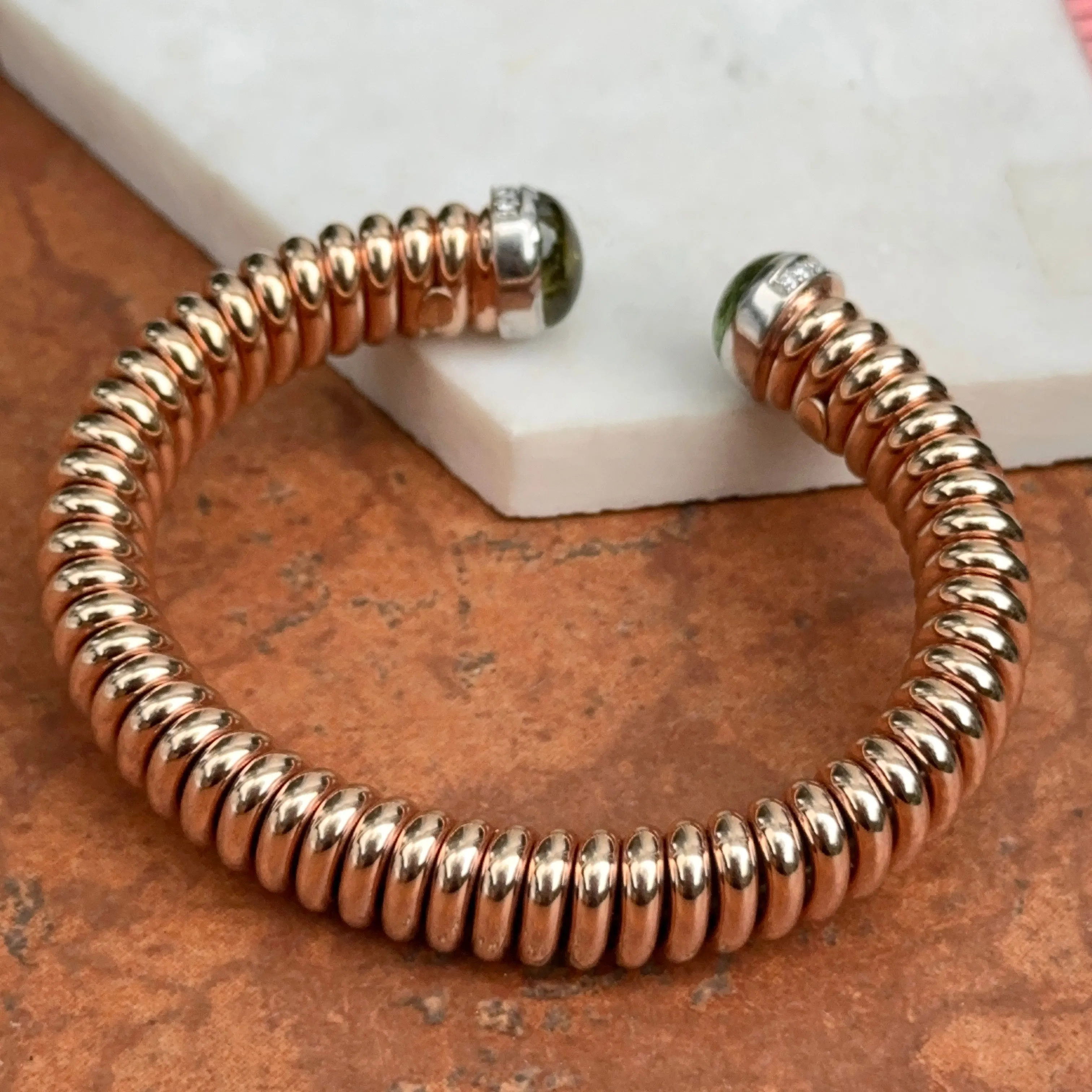 18KT Rose Gold Green Tourmaline   Pave Diamond Corrugated Bangle Cuff Bracelet