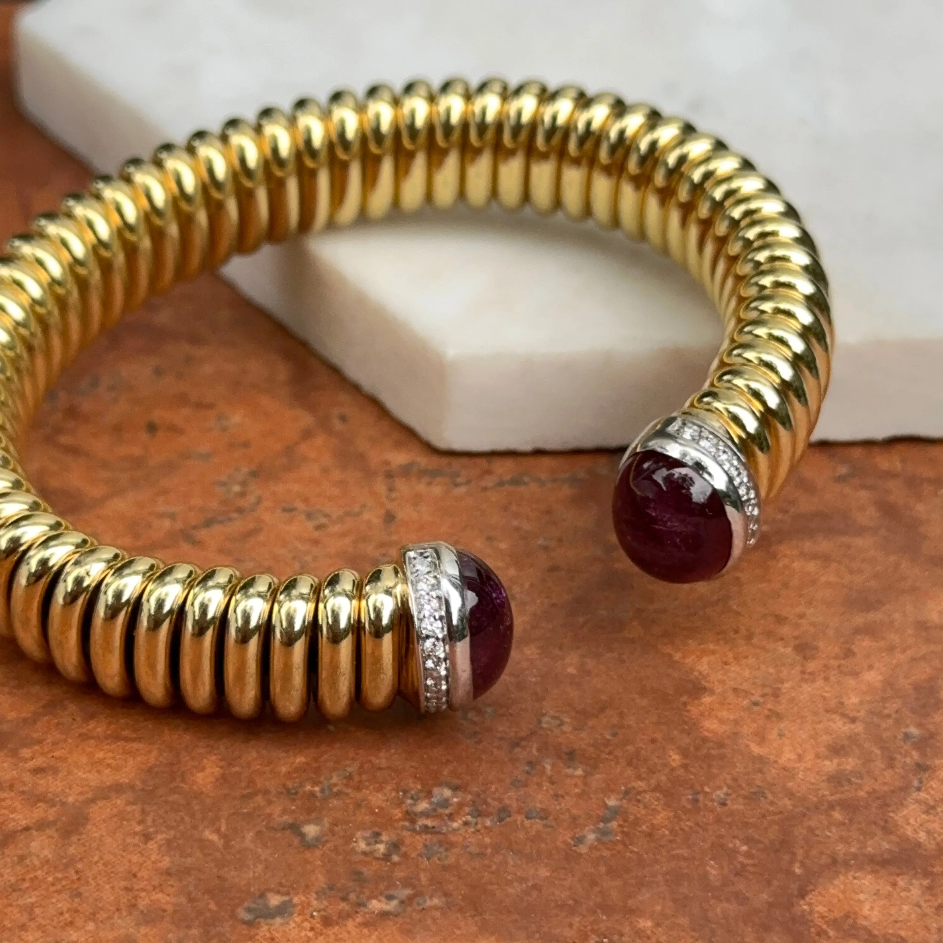 18KT Yellow Gold Pink Tourmaline   Pave Diamond Corrugated Cuff Bracelet