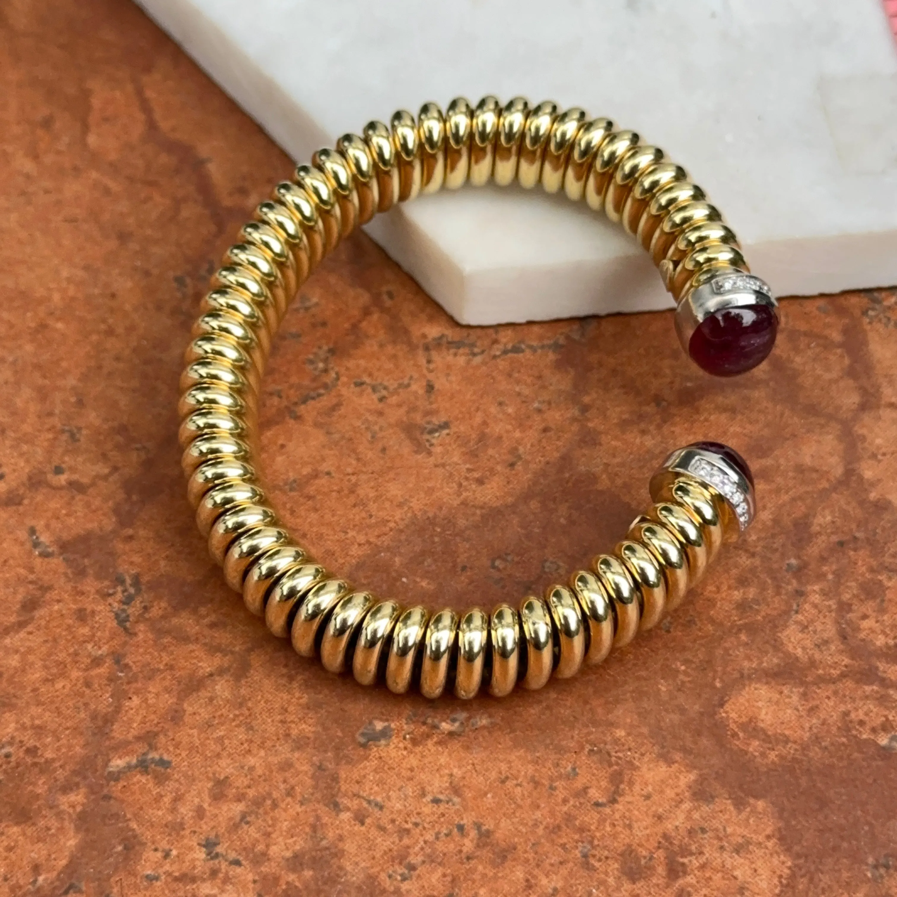 18KT Yellow Gold Pink Tourmaline   Pave Diamond Corrugated Cuff Bracelet
