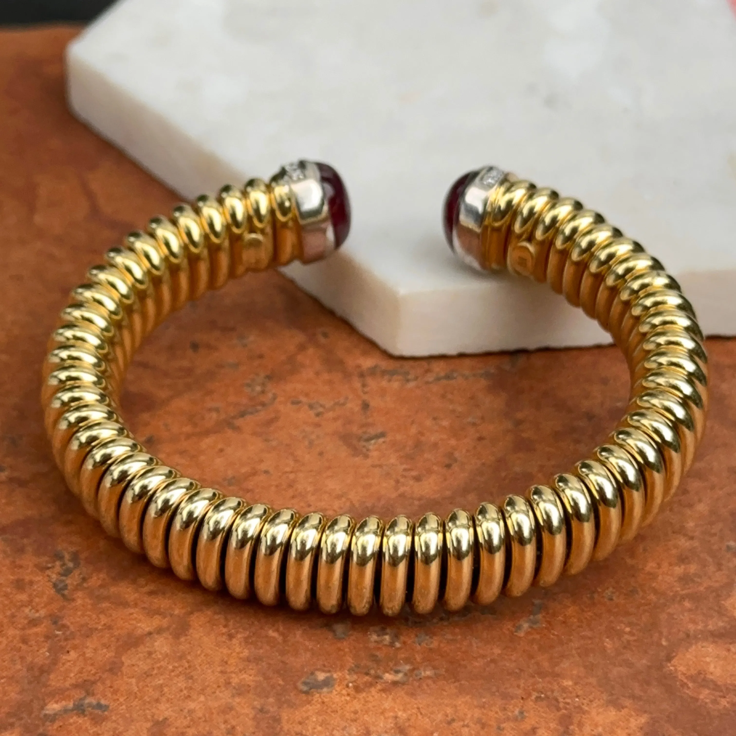 18KT Yellow Gold Pink Tourmaline   Pave Diamond Corrugated Cuff Bracelet