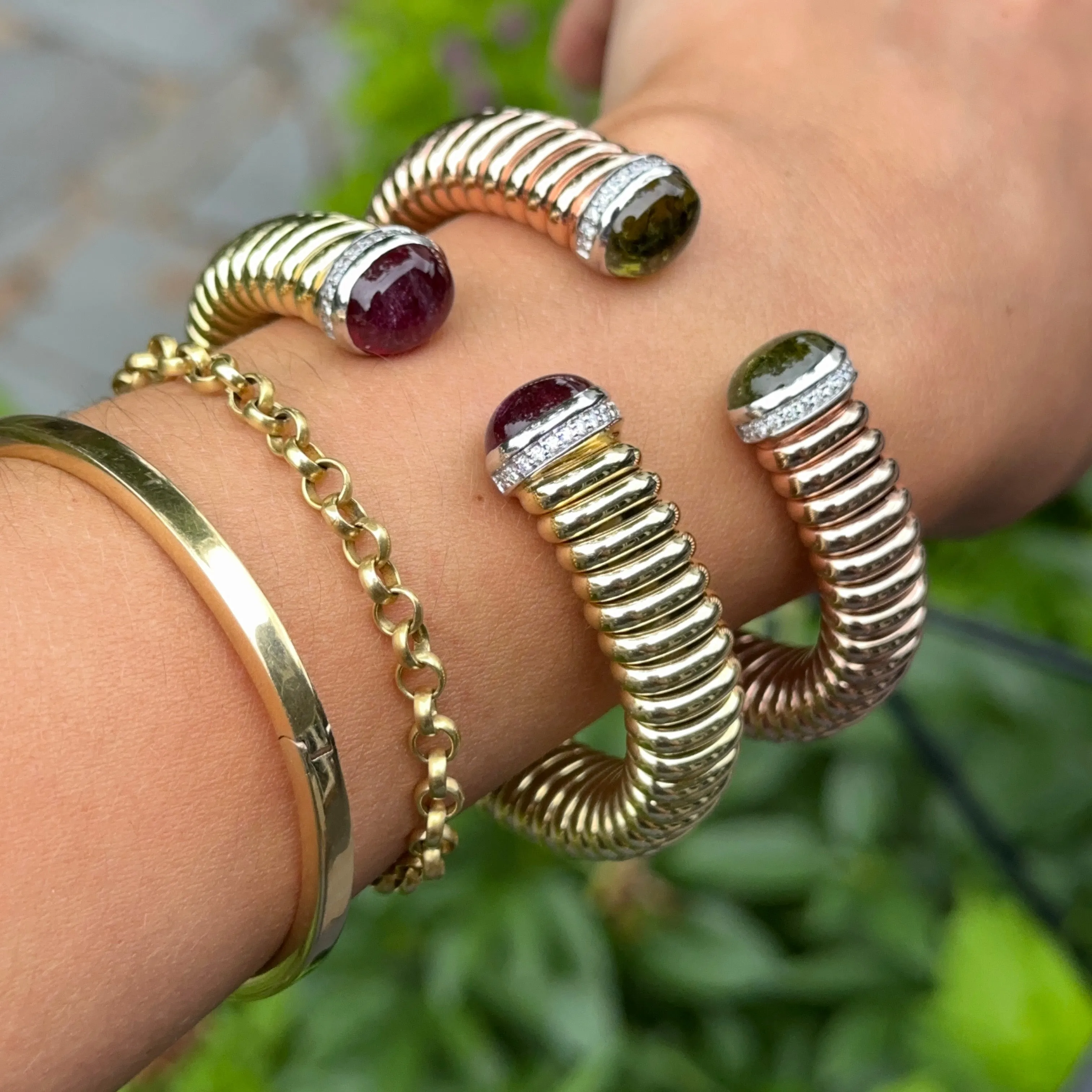 18KT Yellow Gold Pink Tourmaline   Pave Diamond Corrugated Cuff Bracelet
