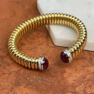18KT Yellow Gold Pink Tourmaline   Pave Diamond Corrugated Cuff Bracelet