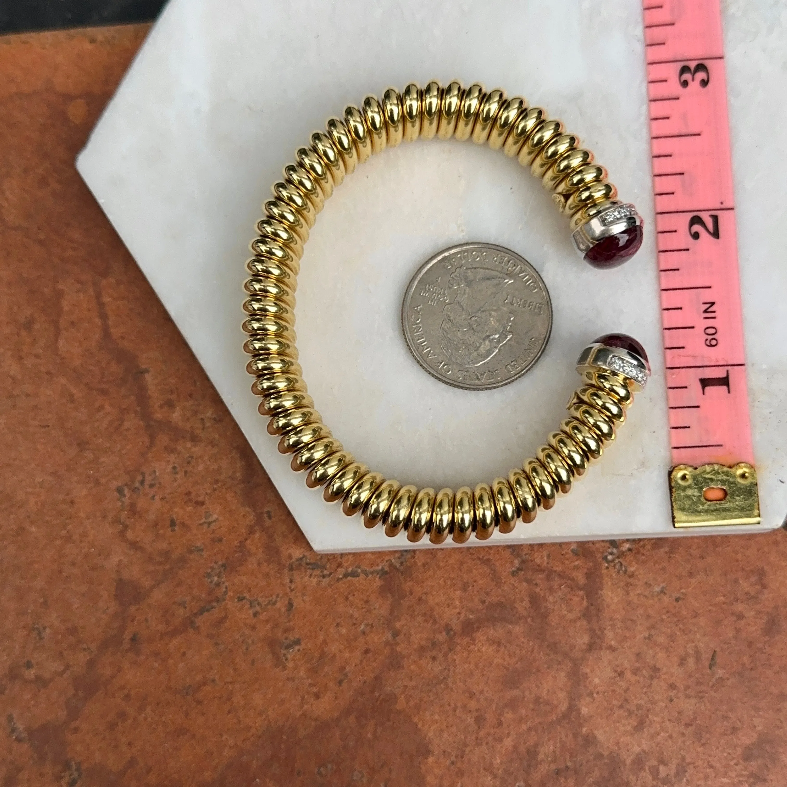 18KT Yellow Gold Pink Tourmaline   Pave Diamond Corrugated Cuff Bracelet