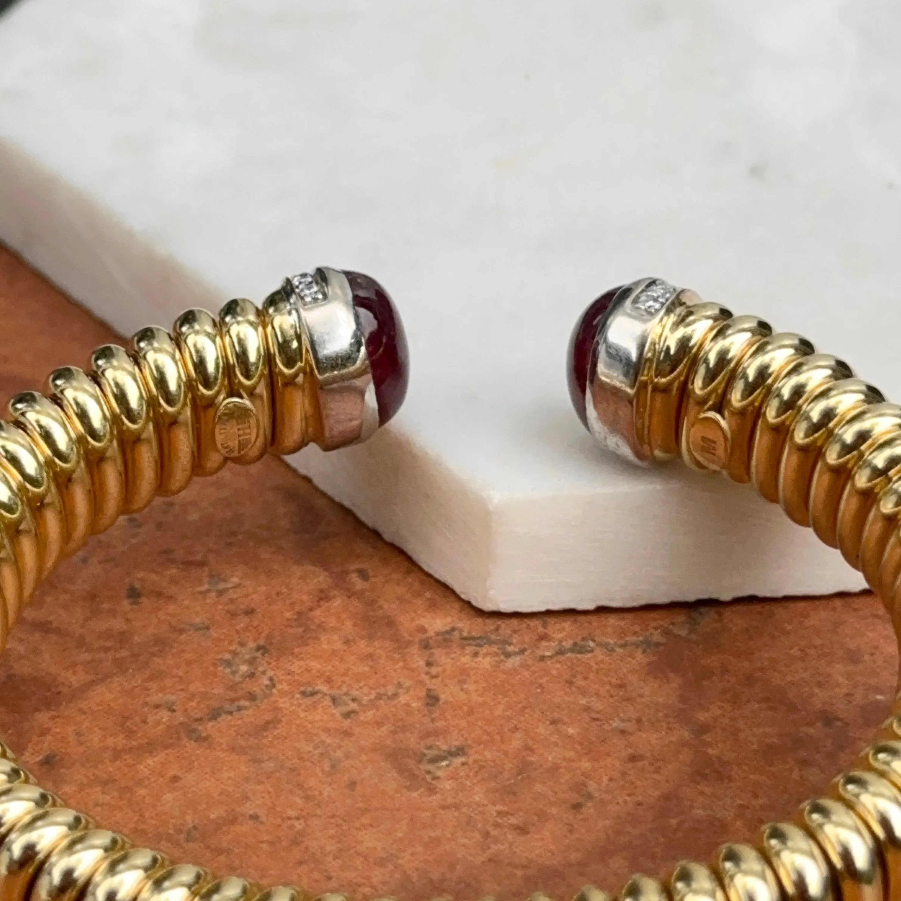 18KT Yellow Gold Pink Tourmaline   Pave Diamond Corrugated Cuff Bracelet