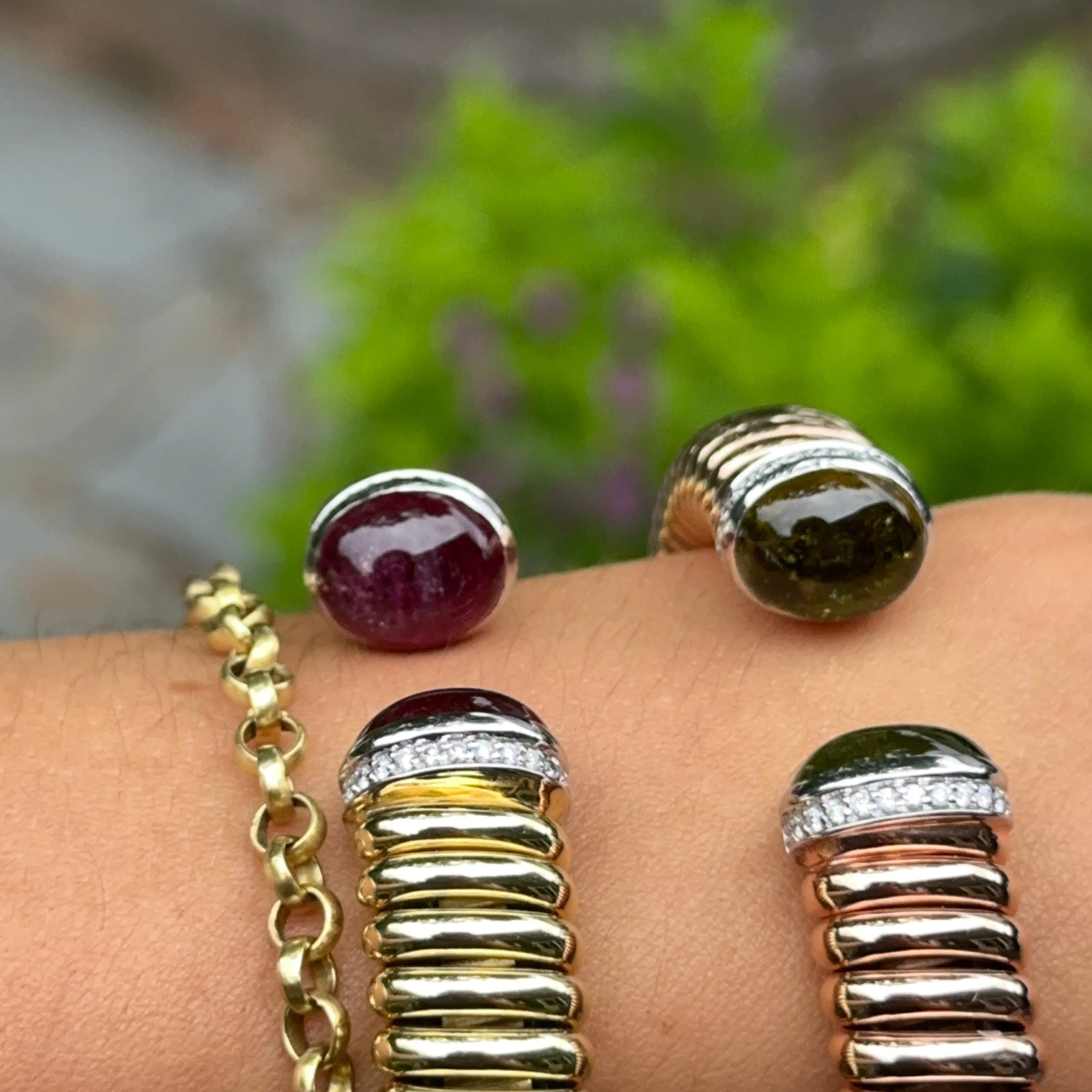 18KT Yellow Gold Pink Tourmaline   Pave Diamond Corrugated Cuff Bracelet