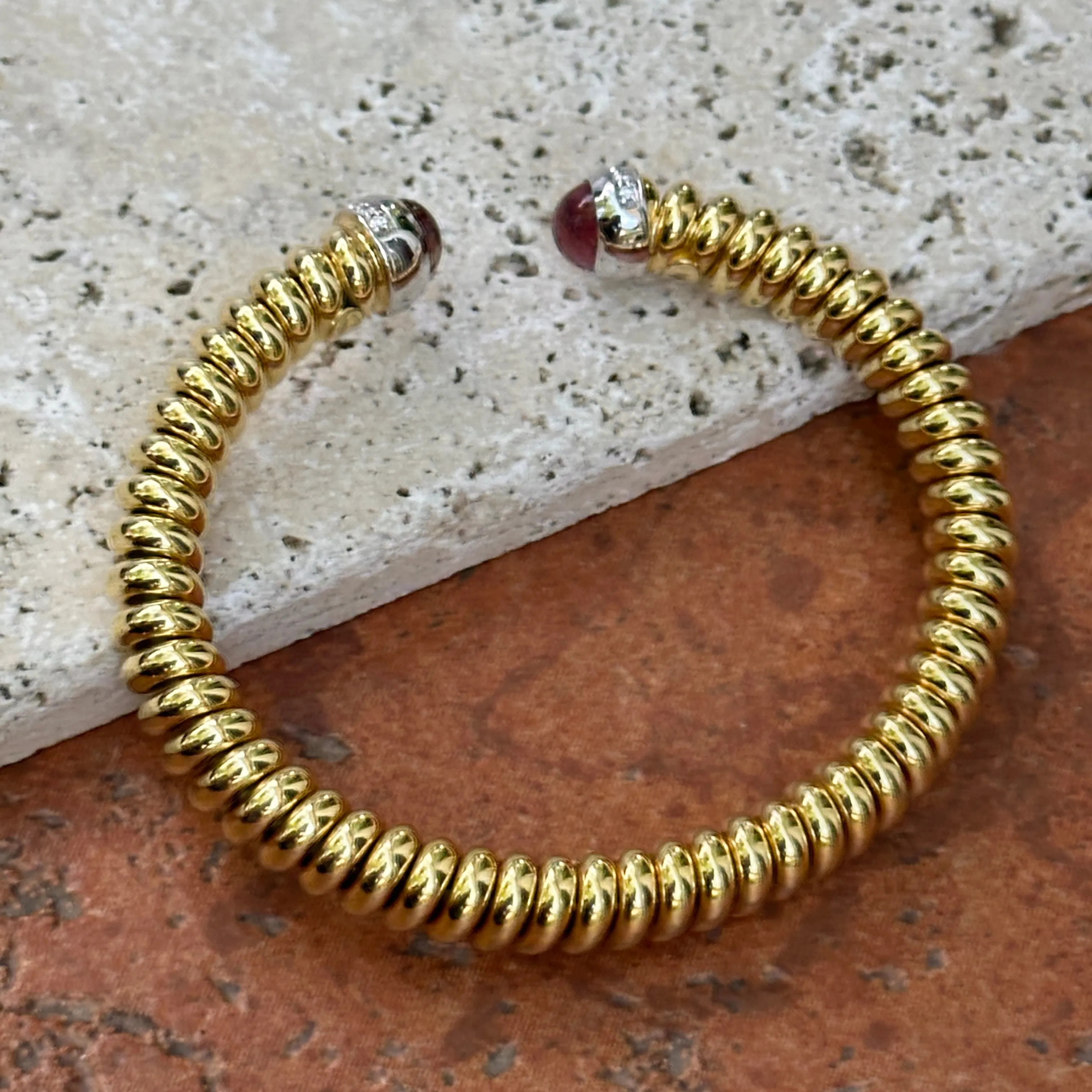18KT Yellow Gold Pink Tourmaline   Pave Diamond Ribbed Bangle Cuff Bracelet