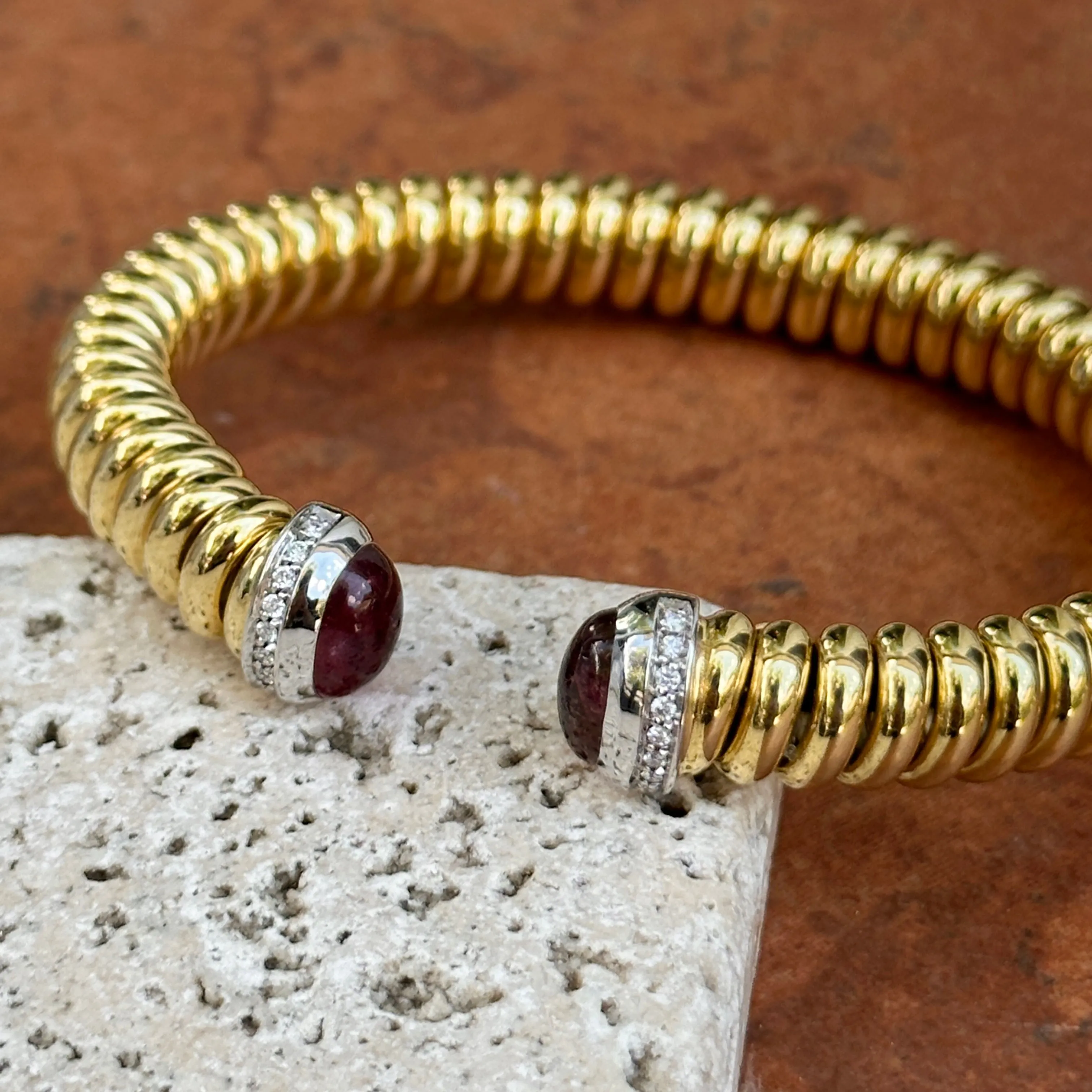 18KT Yellow Gold Pink Tourmaline   Pave Diamond Ribbed Bangle Cuff Bracelet