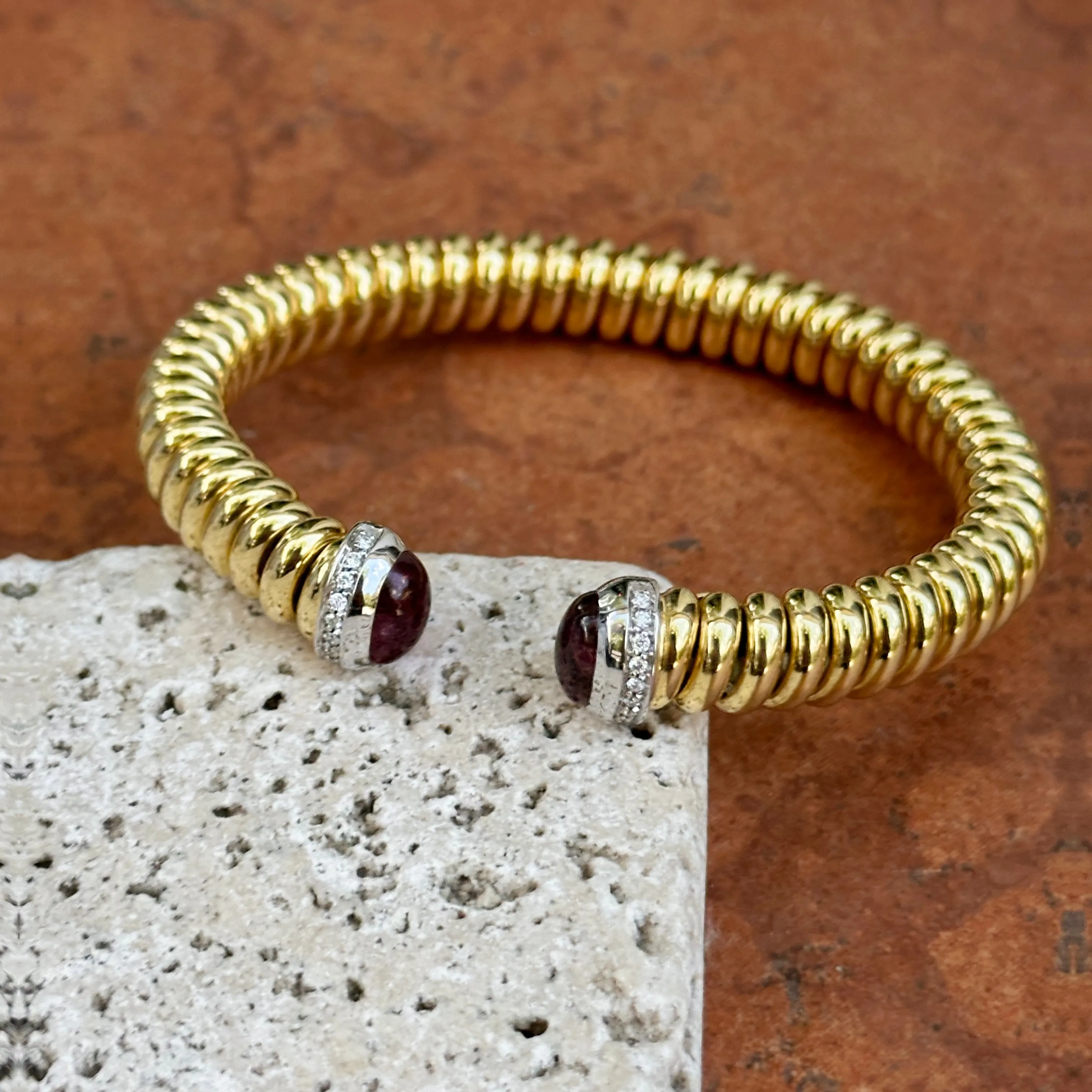 18KT Yellow Gold Pink Tourmaline   Pave Diamond Ribbed Bangle Cuff Bracelet