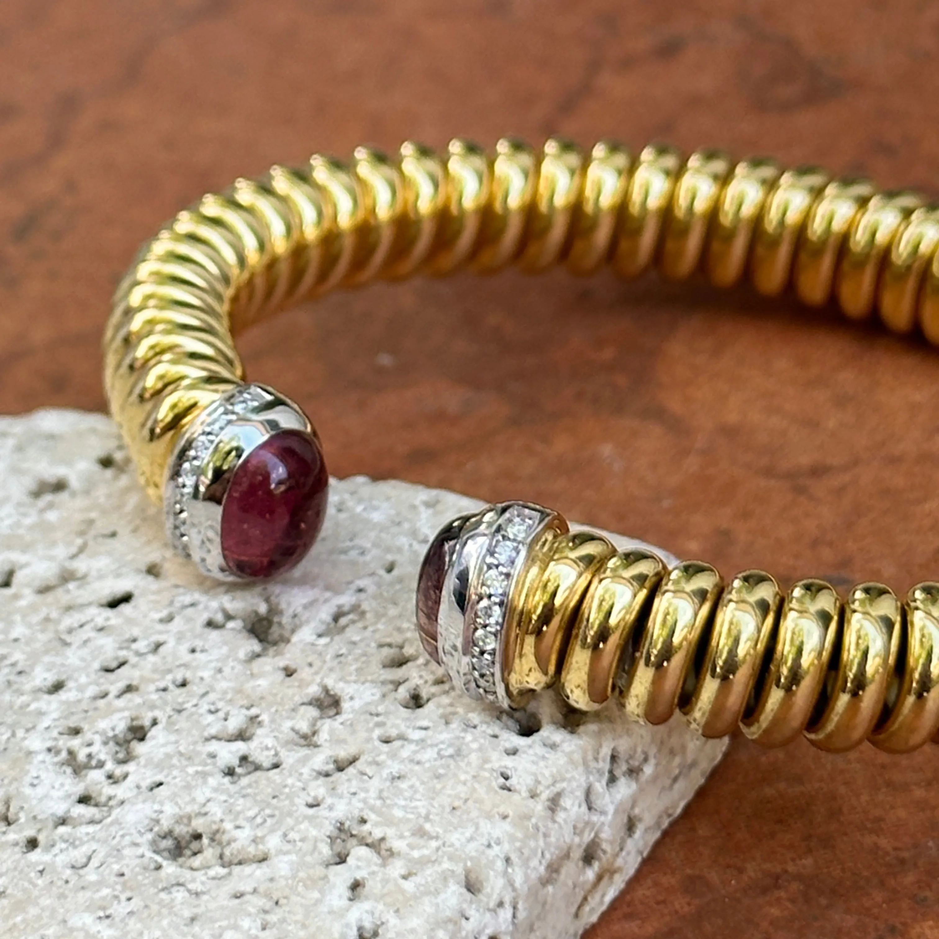 18KT Yellow Gold Pink Tourmaline   Pave Diamond Ribbed Bangle Cuff Bracelet