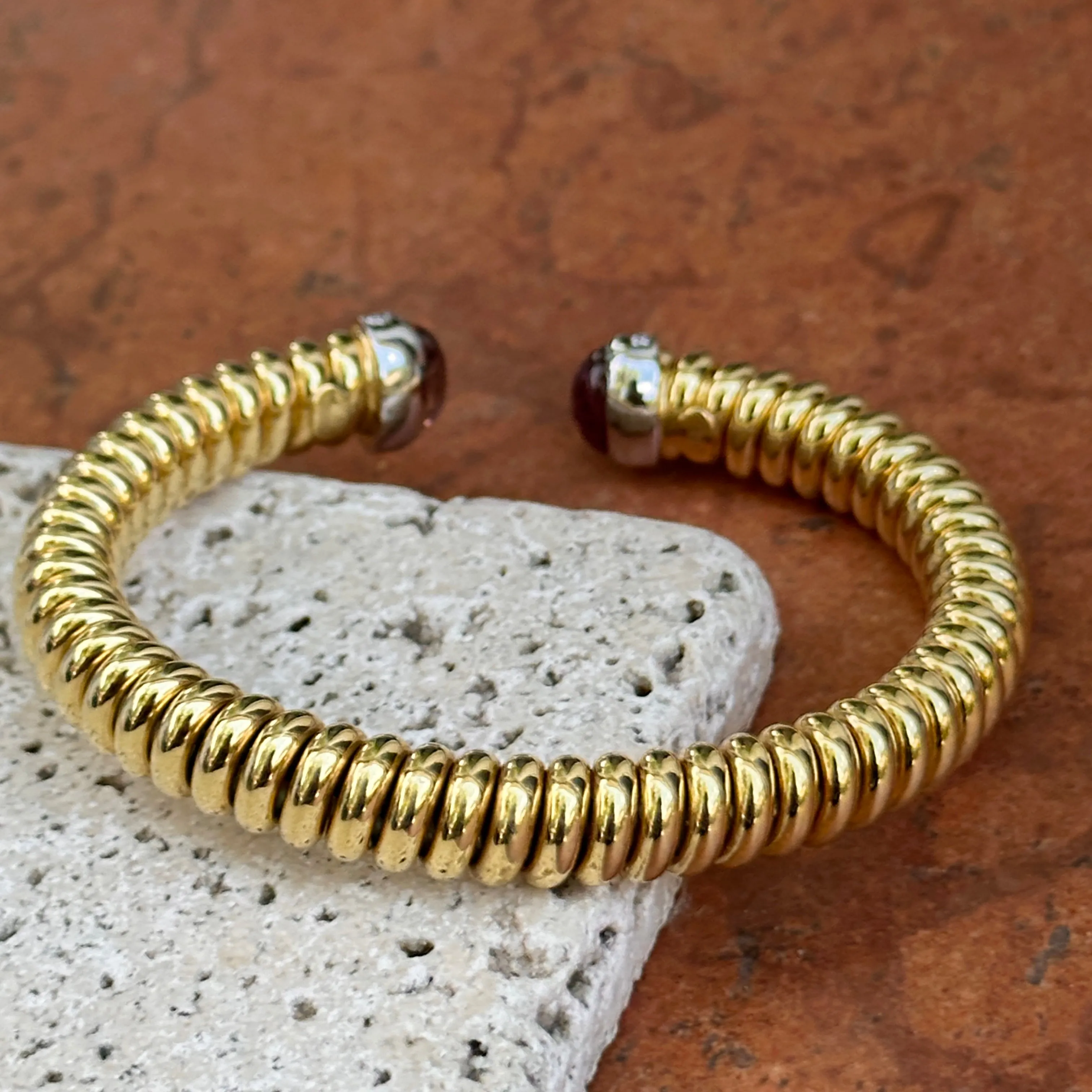 18KT Yellow Gold Pink Tourmaline   Pave Diamond Ribbed Bangle Cuff Bracelet