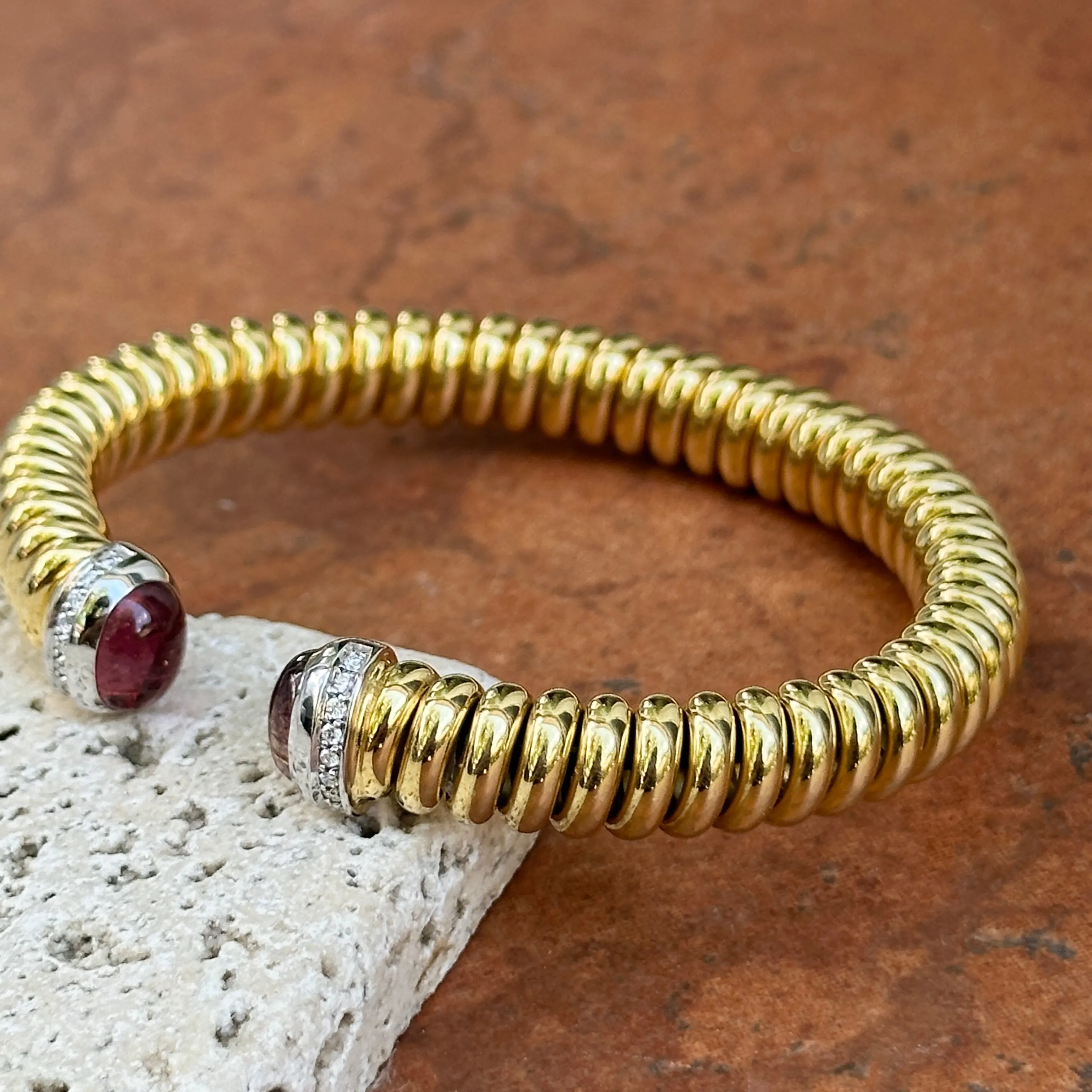 18KT Yellow Gold Pink Tourmaline   Pave Diamond Ribbed Bangle Cuff Bracelet