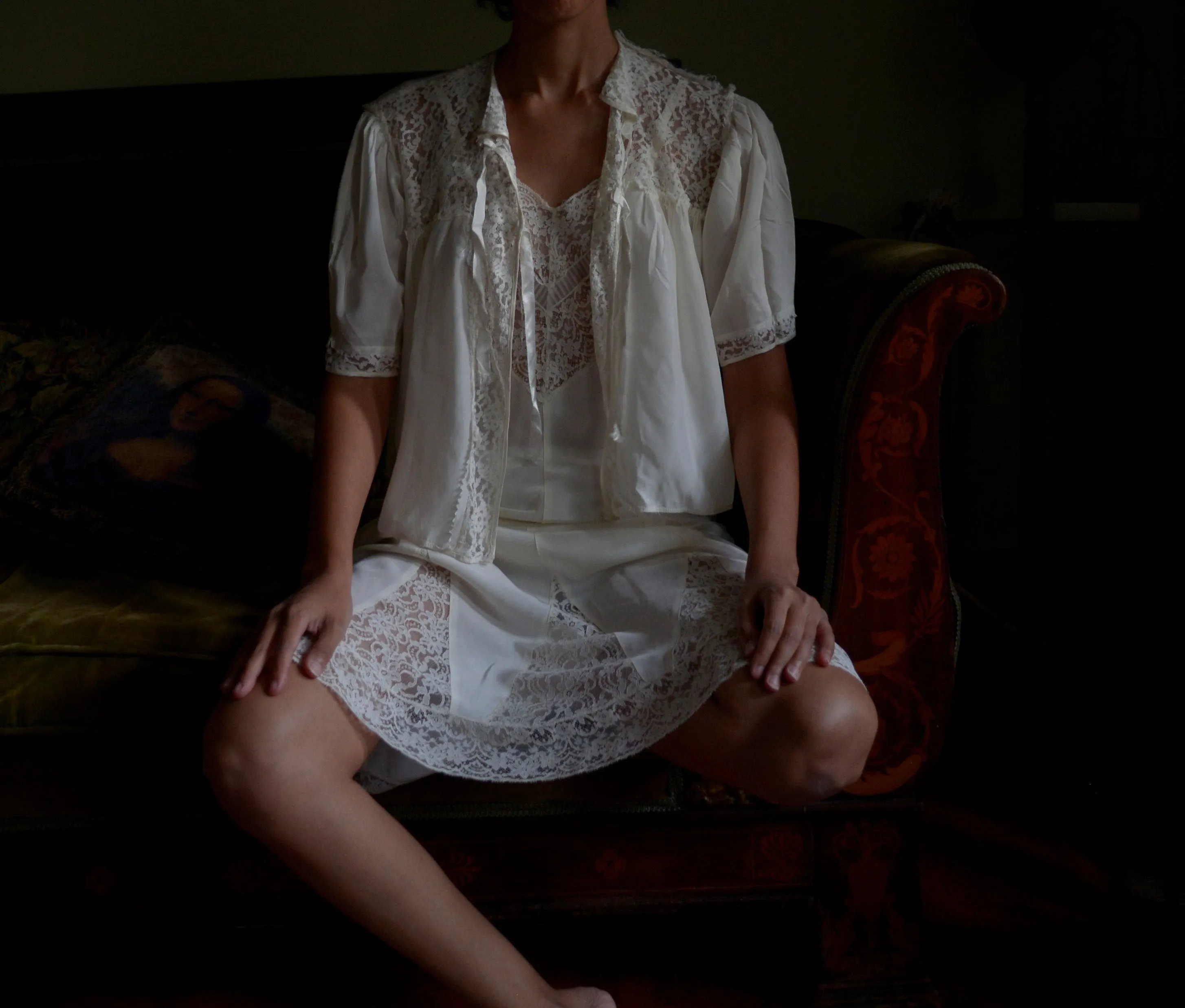 1930s silky rayon blend lace lounge set / slip dress and bed jacket set // small-medium, 34" bust