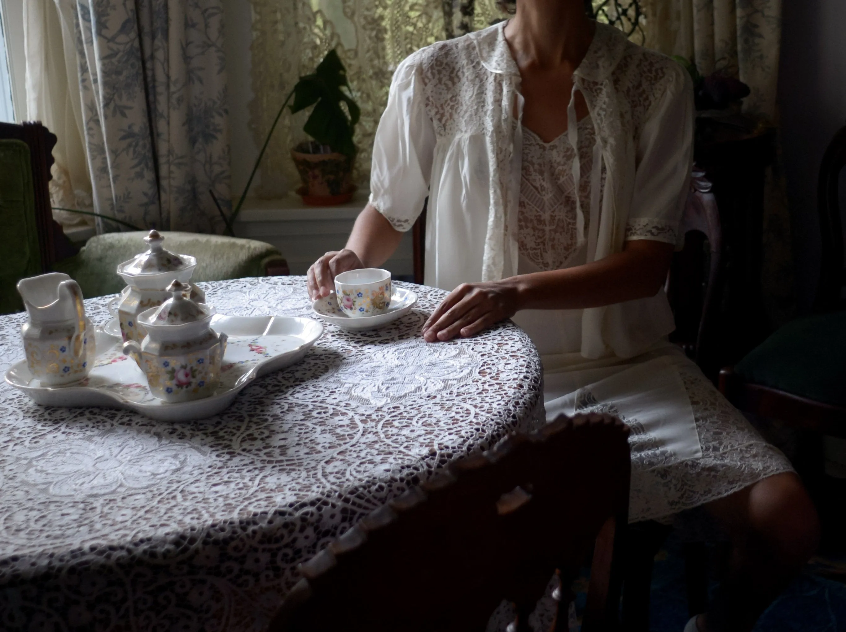 1930s silky rayon blend lace lounge set / slip dress and bed jacket set // small-medium, 34" bust