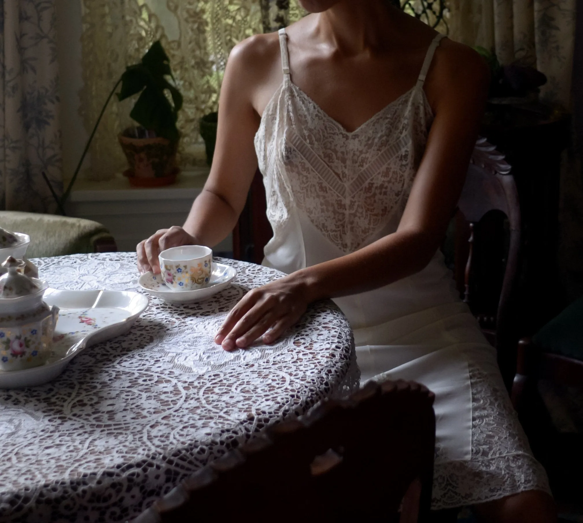 1930s silky rayon blend lace lounge set / slip dress and bed jacket set // small-medium, 34" bust