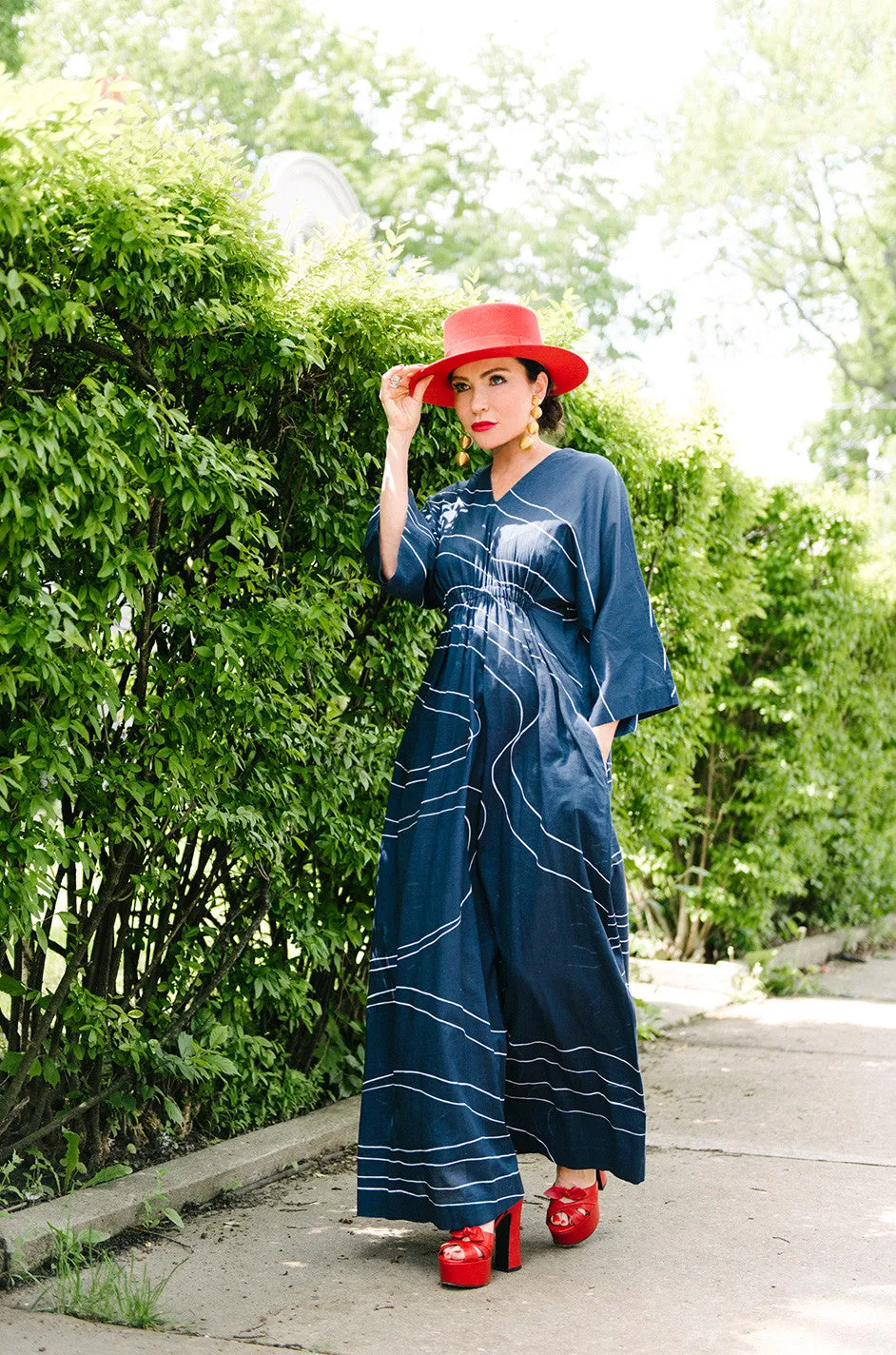 1960s Marimekko Deep Blue & White Print Caftan Dress