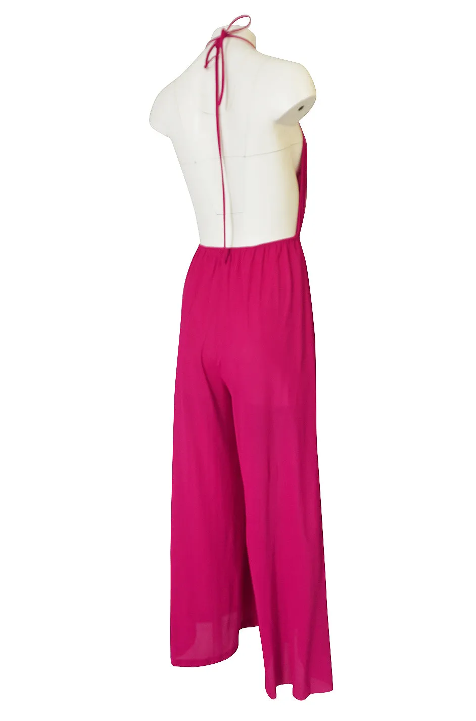 1960s Unlabelled Bright Pink Nylon Wide Leg Backless Jumpsuit
