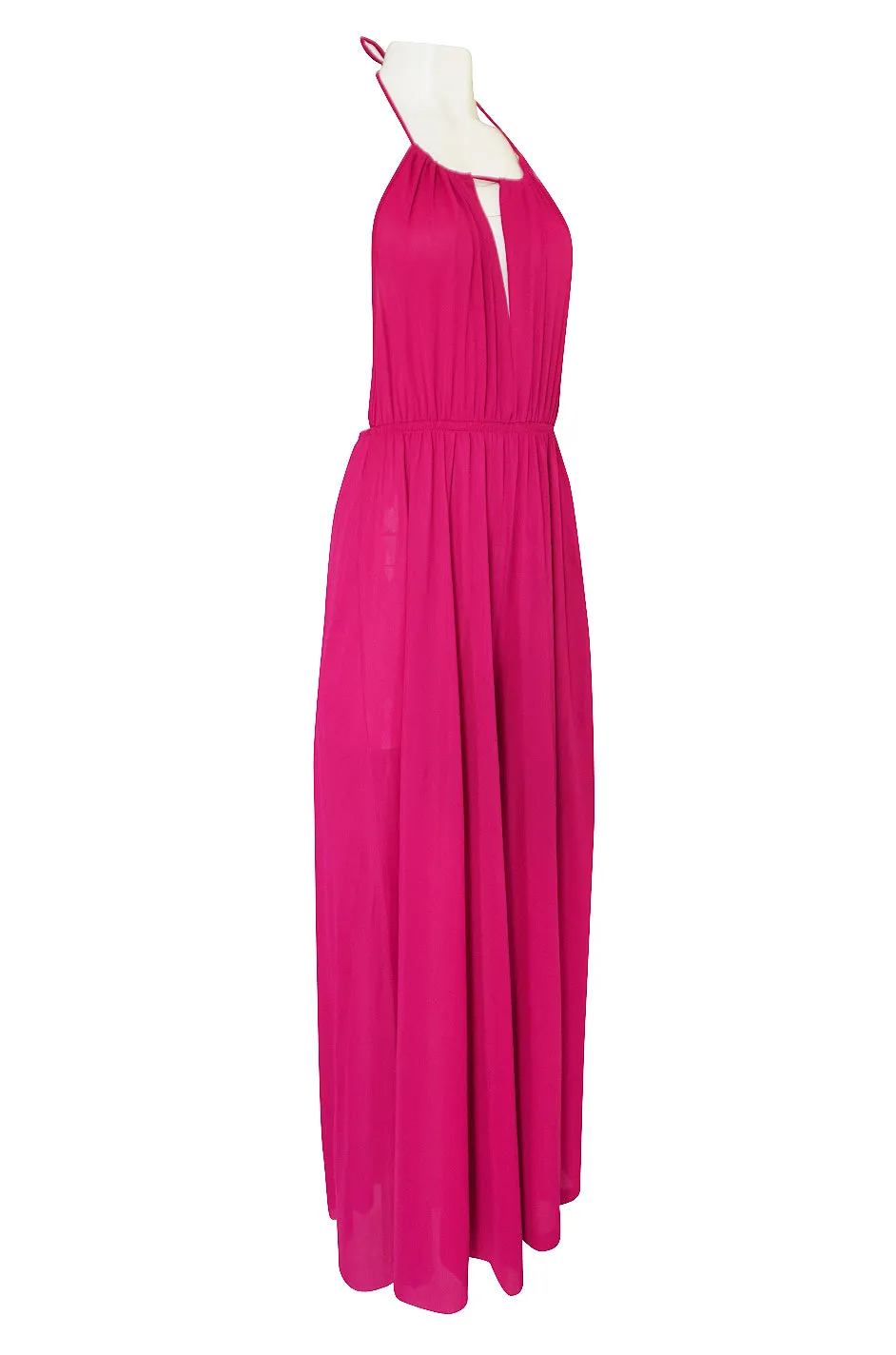 1960s Unlabelled Bright Pink Nylon Wide Leg Backless Jumpsuit