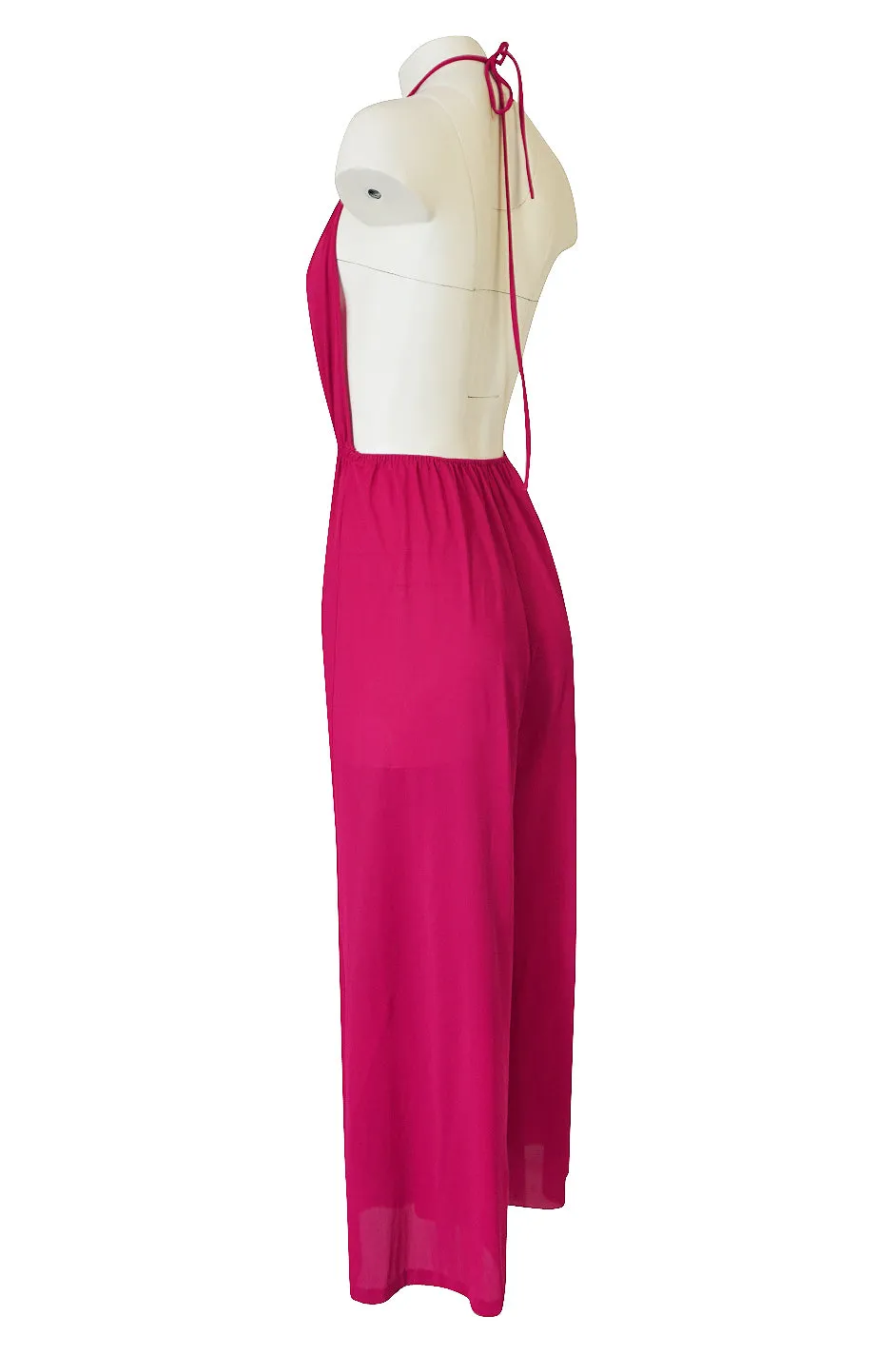 1960s Unlabelled Bright Pink Nylon Wide Leg Backless Jumpsuit
