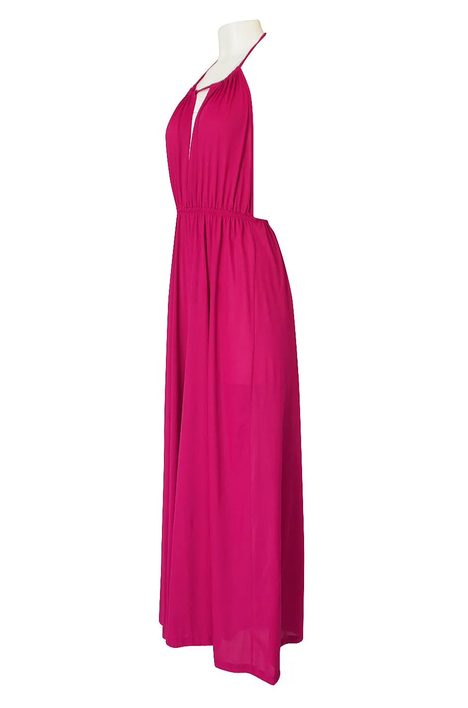 1960s Unlabelled Bright Pink Nylon Wide Leg Backless Jumpsuit