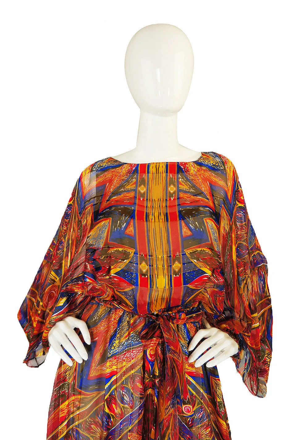 1970s Colorful Silk Chiffon Flutter Dress