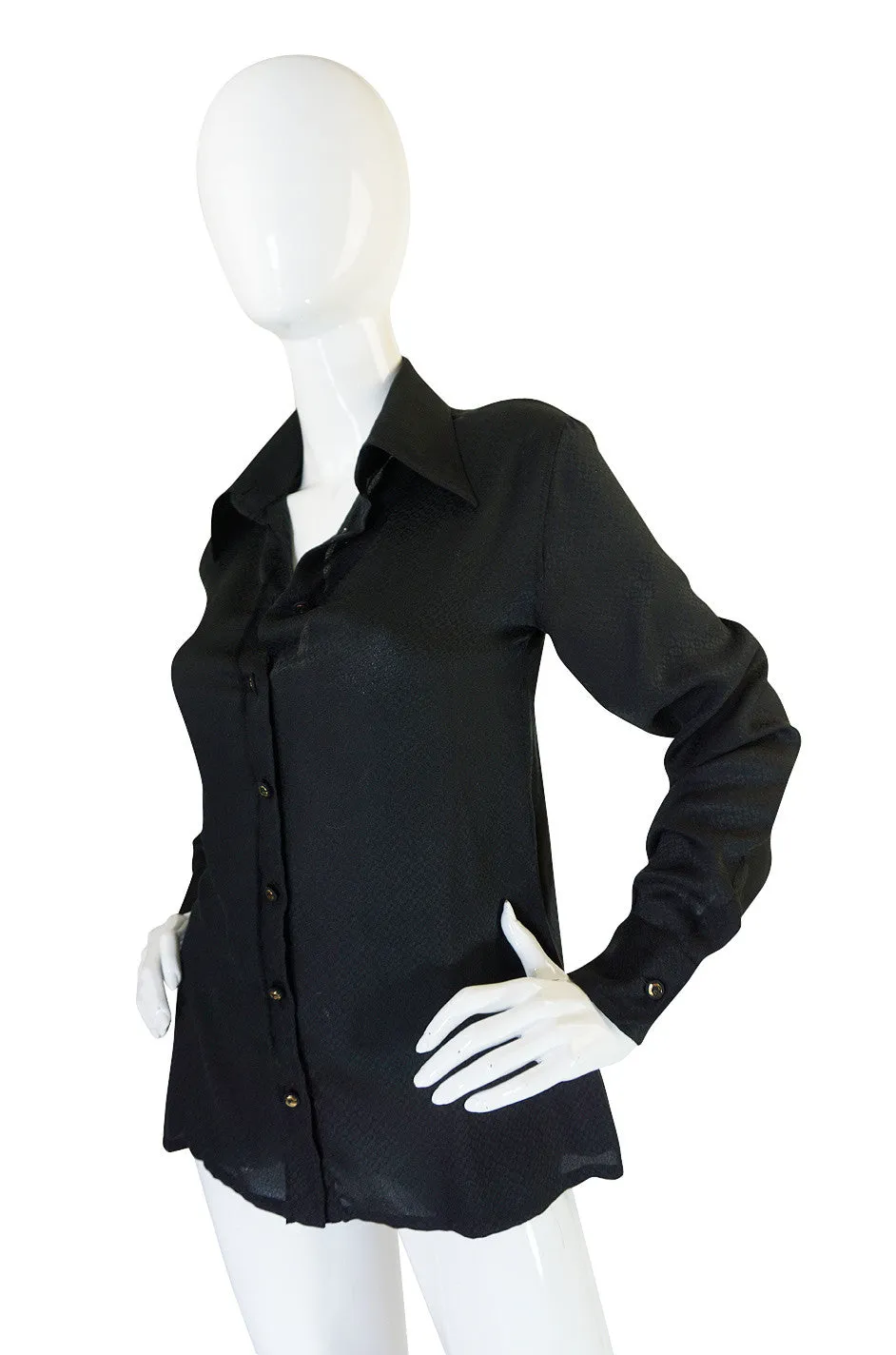1970s Gucci Pheasant and Hawk Black Silk Top