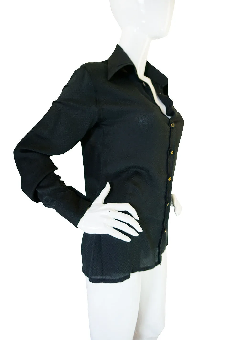 1970s Gucci Pheasant and Hawk Black Silk Top