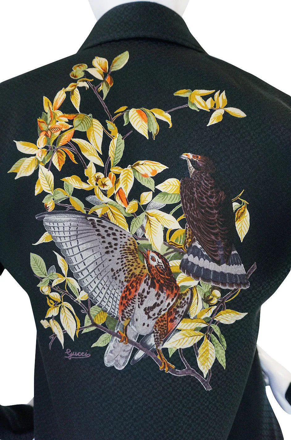 1970s Gucci Pheasant and Hawk Black Silk Top