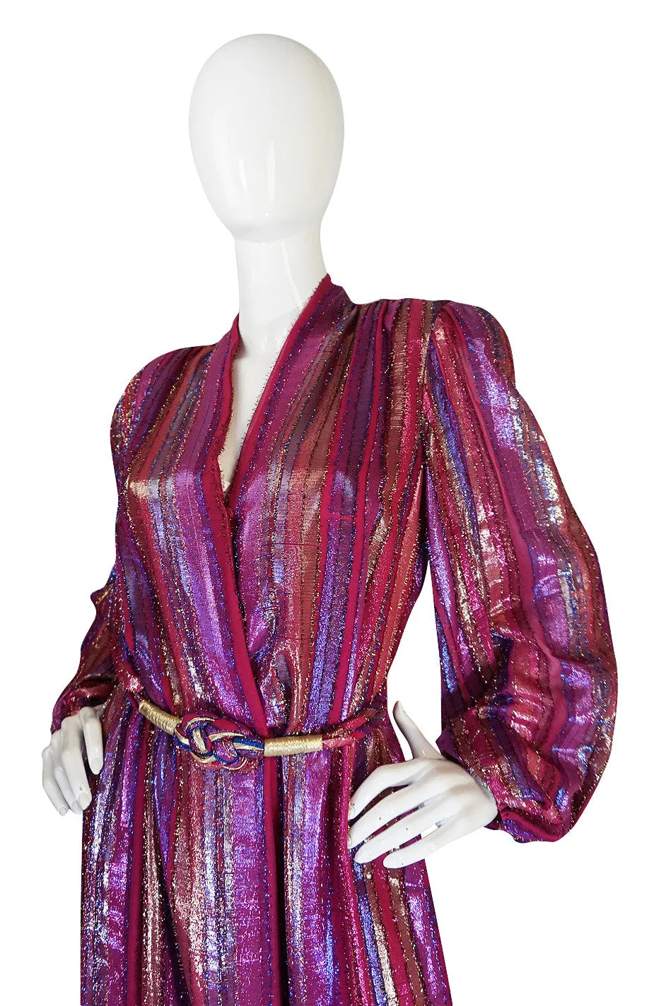 1970s Striped Metallic Victor Costa Wrapped Maxi Dress