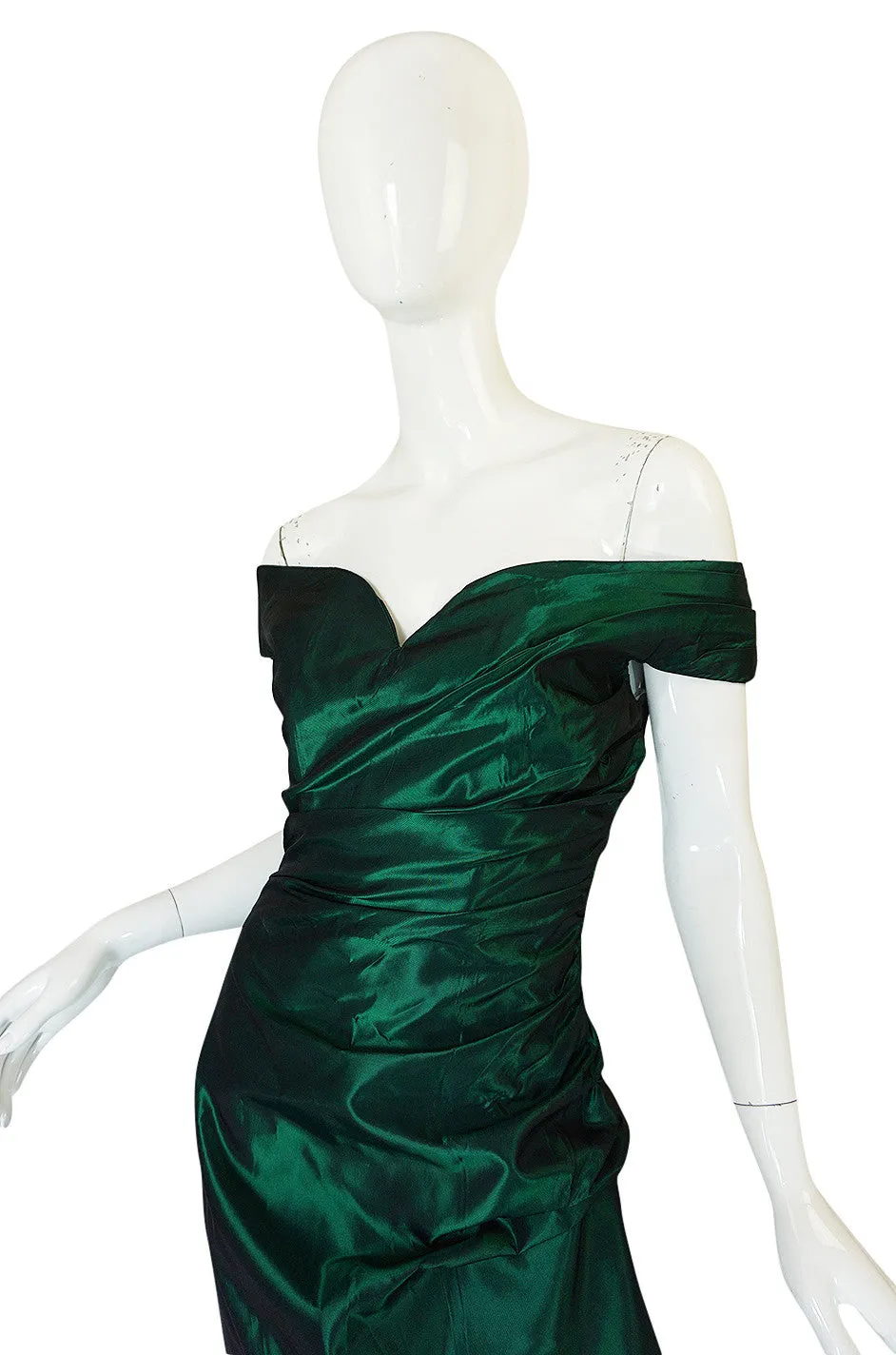 1980s Emerald Silk Taffeta Dior Off Shoulder Dress