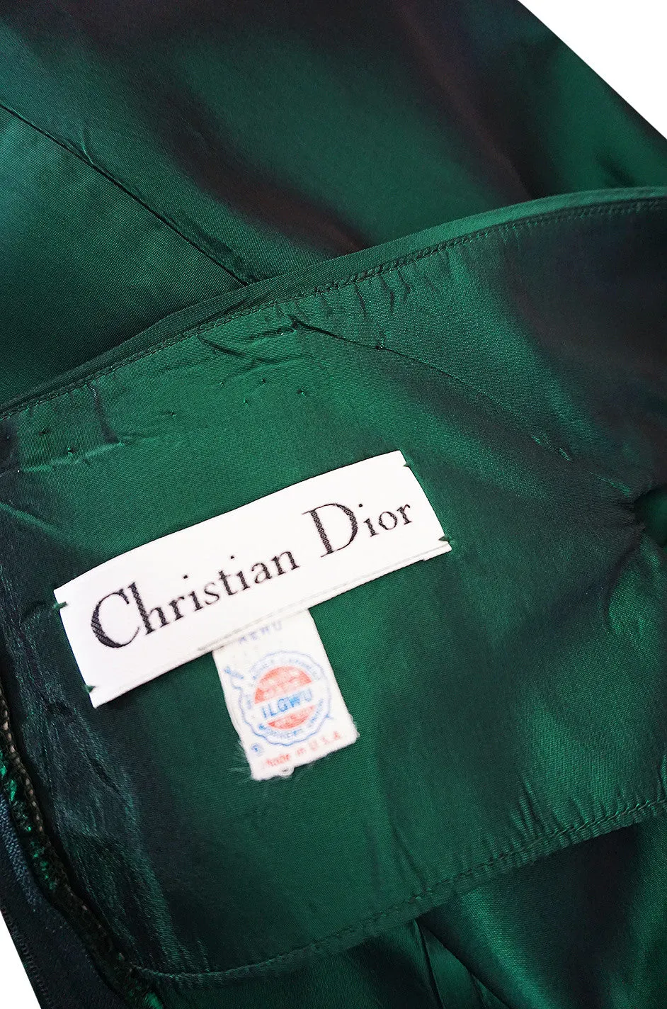 1980s Emerald Silk Taffeta Dior Off Shoulder Dress