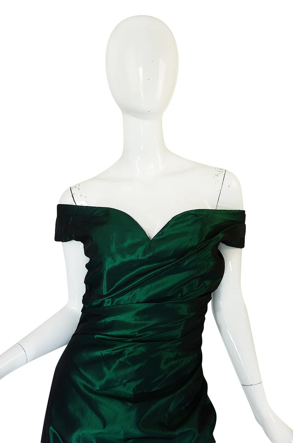 1980s Emerald Silk Taffeta Dior Off Shoulder Dress