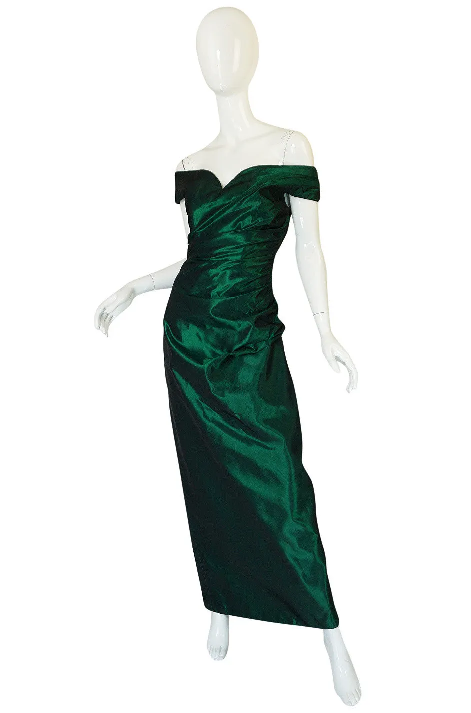 1980s Emerald Silk Taffeta Dior Off Shoulder Dress