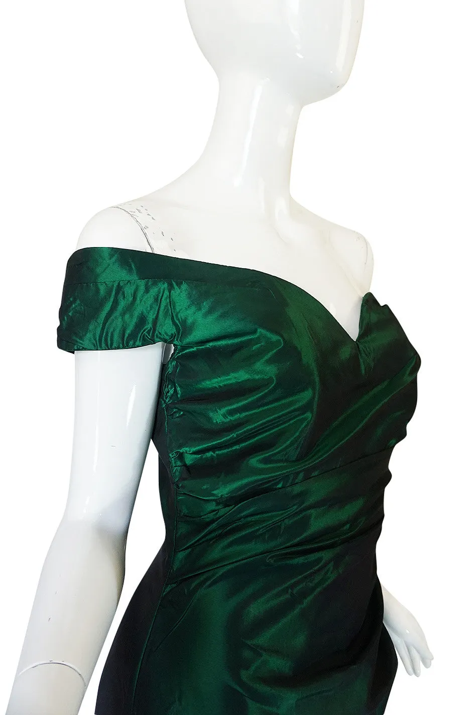 1980s Emerald Silk Taffeta Dior Off Shoulder Dress
