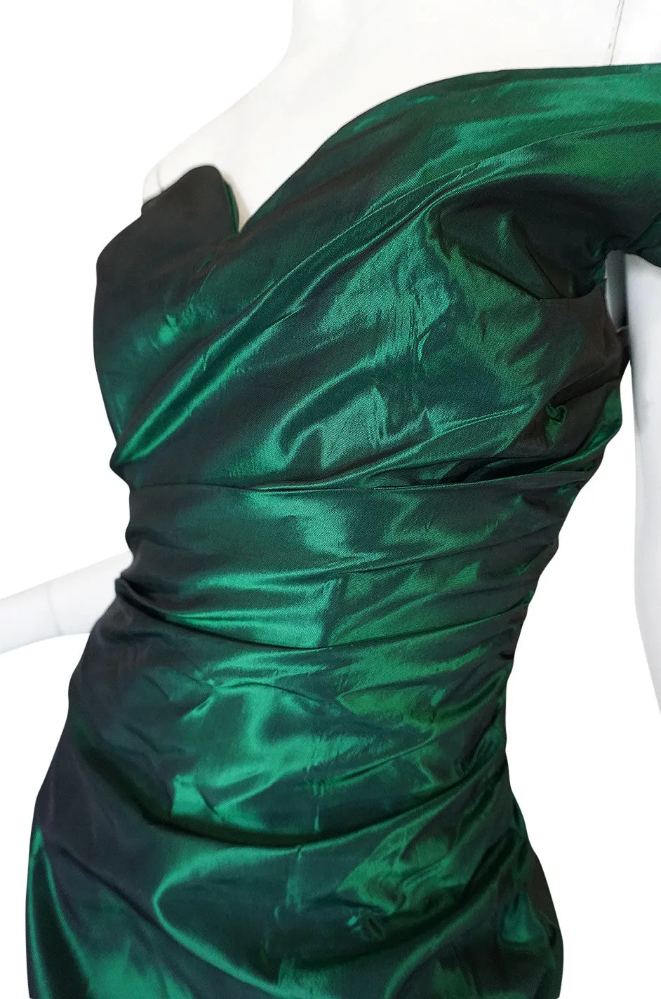 1980s Emerald Silk Taffeta Dior Off Shoulder Dress