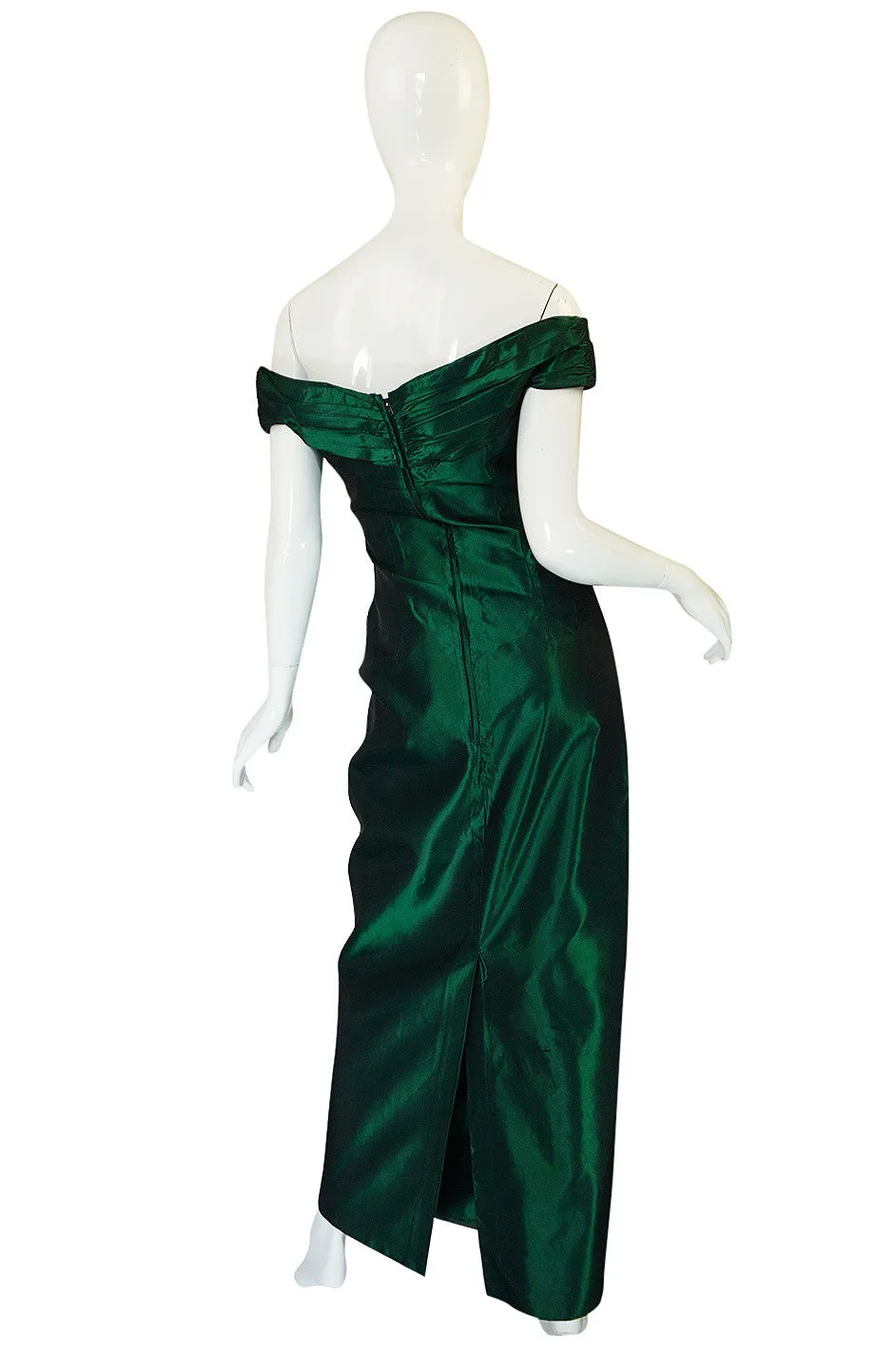 1980s Emerald Silk Taffeta Dior Off Shoulder Dress