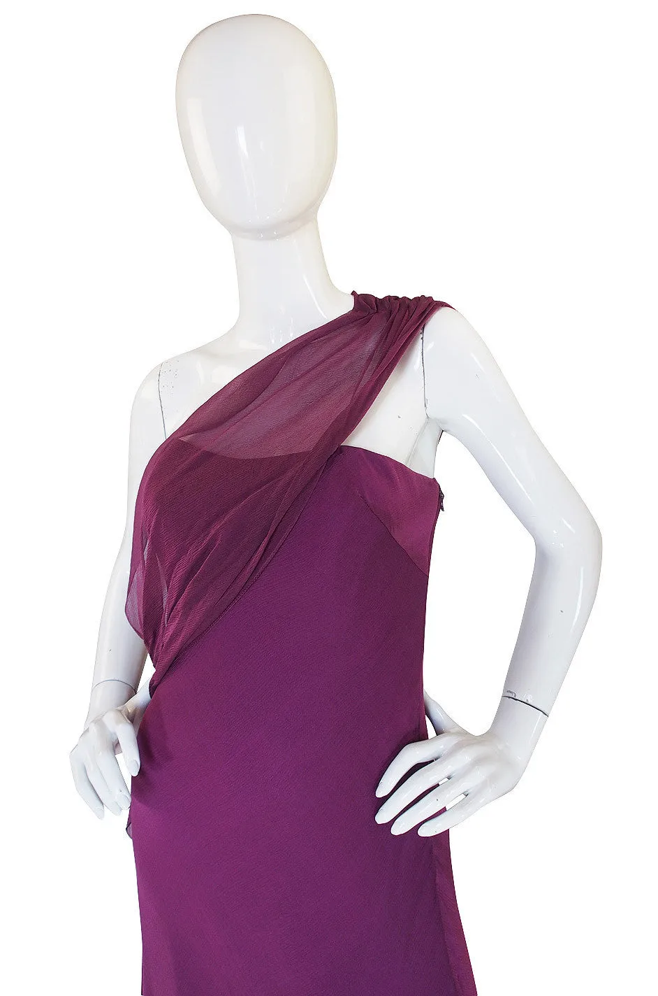 1990s Ben de Lisi One Shoulder Aubergine Silk Chiffon Dress