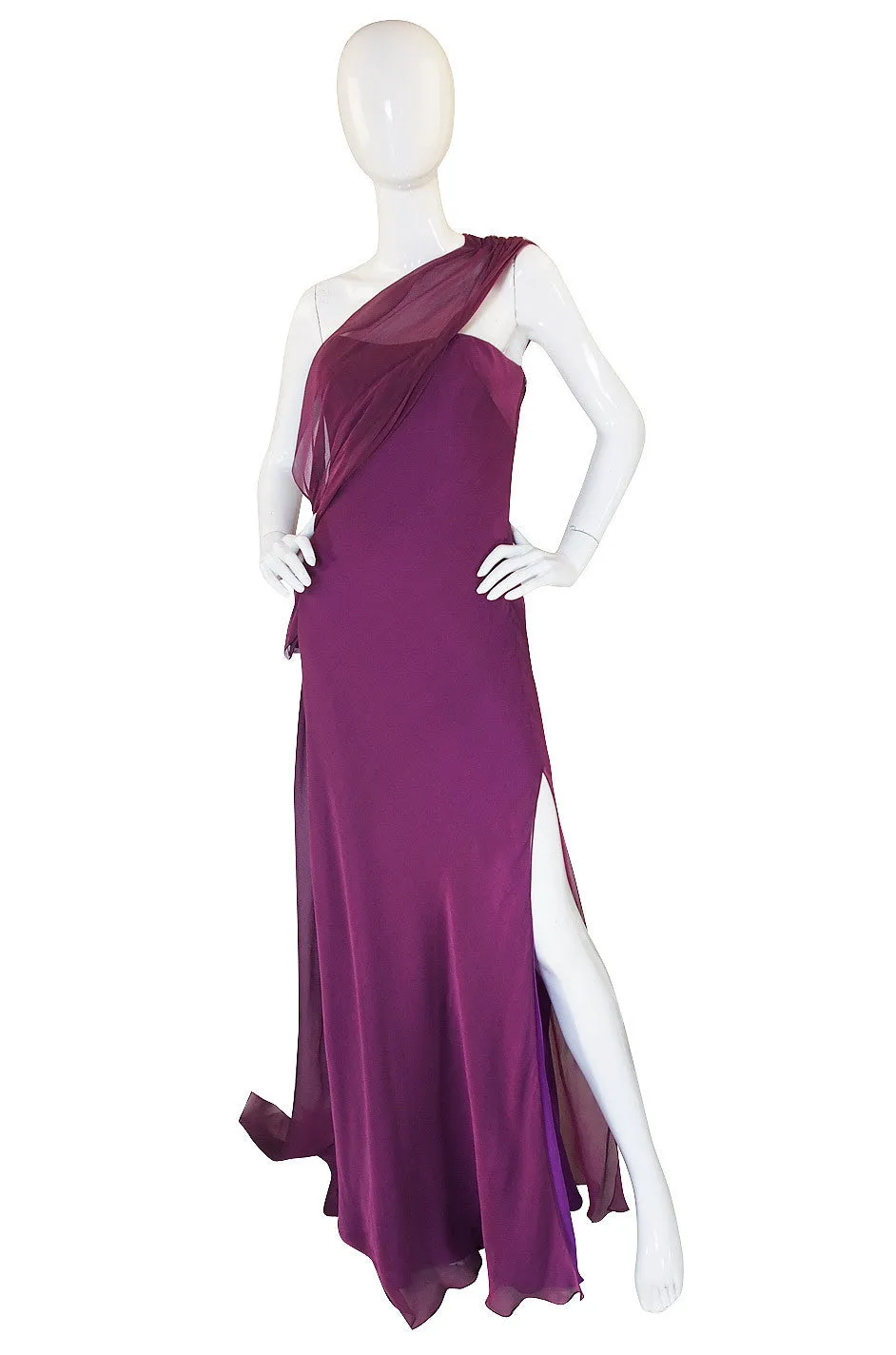 1990s Ben de Lisi One Shoulder Aubergine Silk Chiffon Dress
