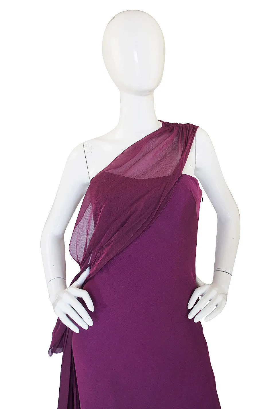 1990s Ben de Lisi One Shoulder Aubergine Silk Chiffon Dress