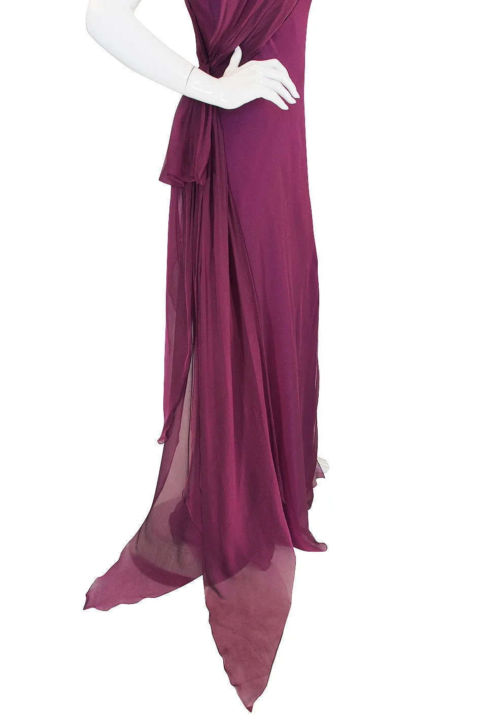 1990s Ben de Lisi One Shoulder Aubergine Silk Chiffon Dress