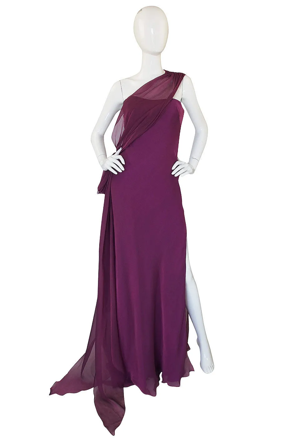 1990s Ben de Lisi One Shoulder Aubergine Silk Chiffon Dress