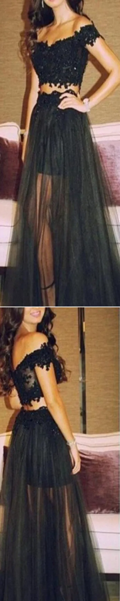 2 Pieces Black Lace Off Shoulder Long Evening Prom Dresses, BG51146