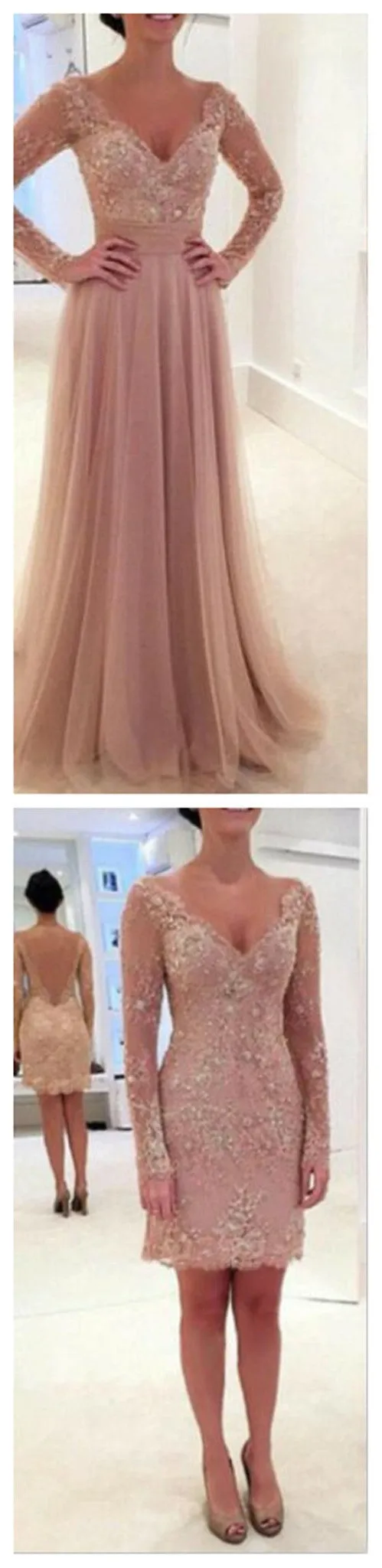2 Pieces Long Sleeves Blush Pink Sexy Long Lace Prom Dresses, BG51137