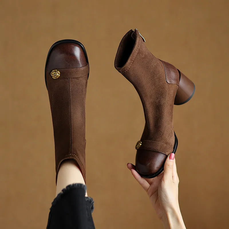 2025  Splicing suede camellia high heel thick heel short boots children elastic thin boots large size