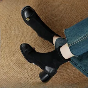 2025  Splicing suede camellia high heel thick heel short boots children elastic thin boots large size