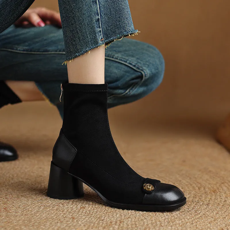 2025  Splicing suede camellia high heel thick heel short boots children elastic thin boots large size