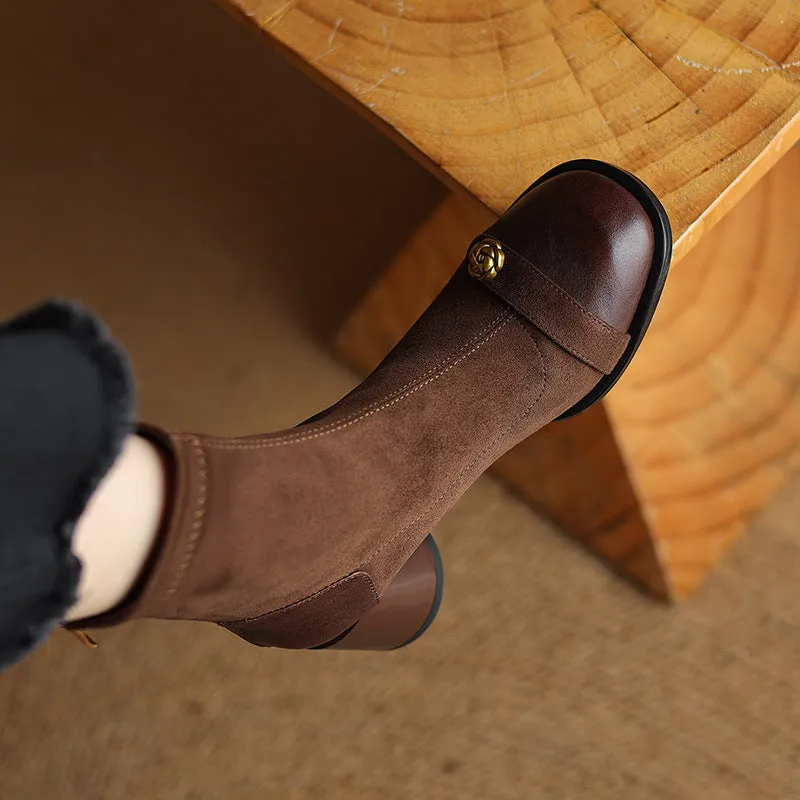 2025  Splicing suede camellia high heel thick heel short boots children elastic thin boots large size